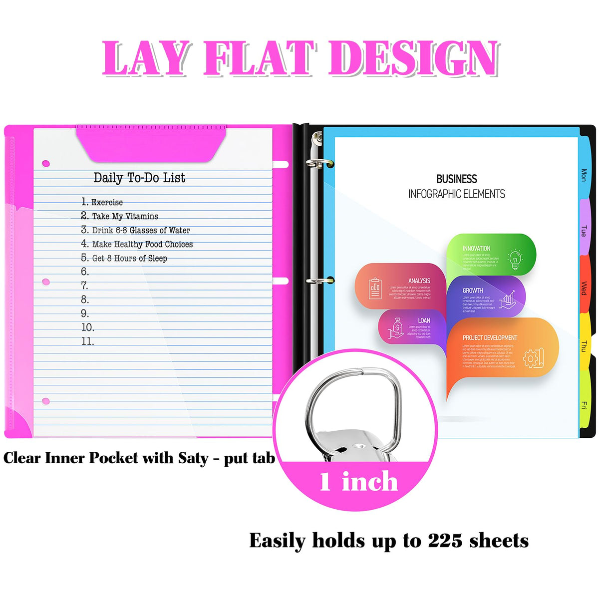 INFUN 1 Inch 3-Ring Telescoping Project Organizer Binder,13 Pocket, Customizable Front Cover, 5 Colors Pocket Divider and Plastic Binder Pocket，225 Sheet Capacity-Pink