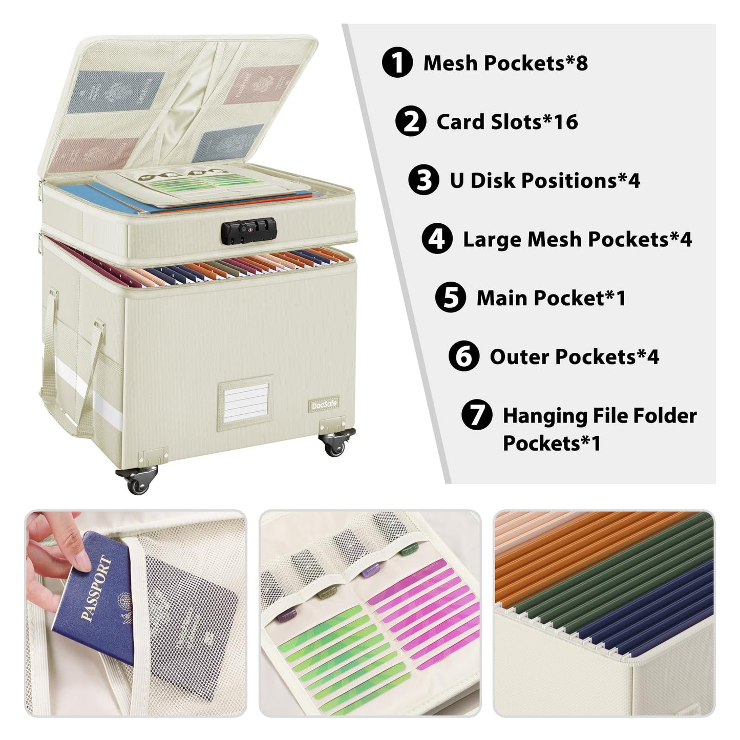 DocSafe Fireproof Document Box with Lock,2-Layer File Box with Wheels,Collapsible File Storage Organizer with Pockets,Large Portable Office Filing Cabinet for Hanging Folders,Beige,16''x13.8''x12.2''