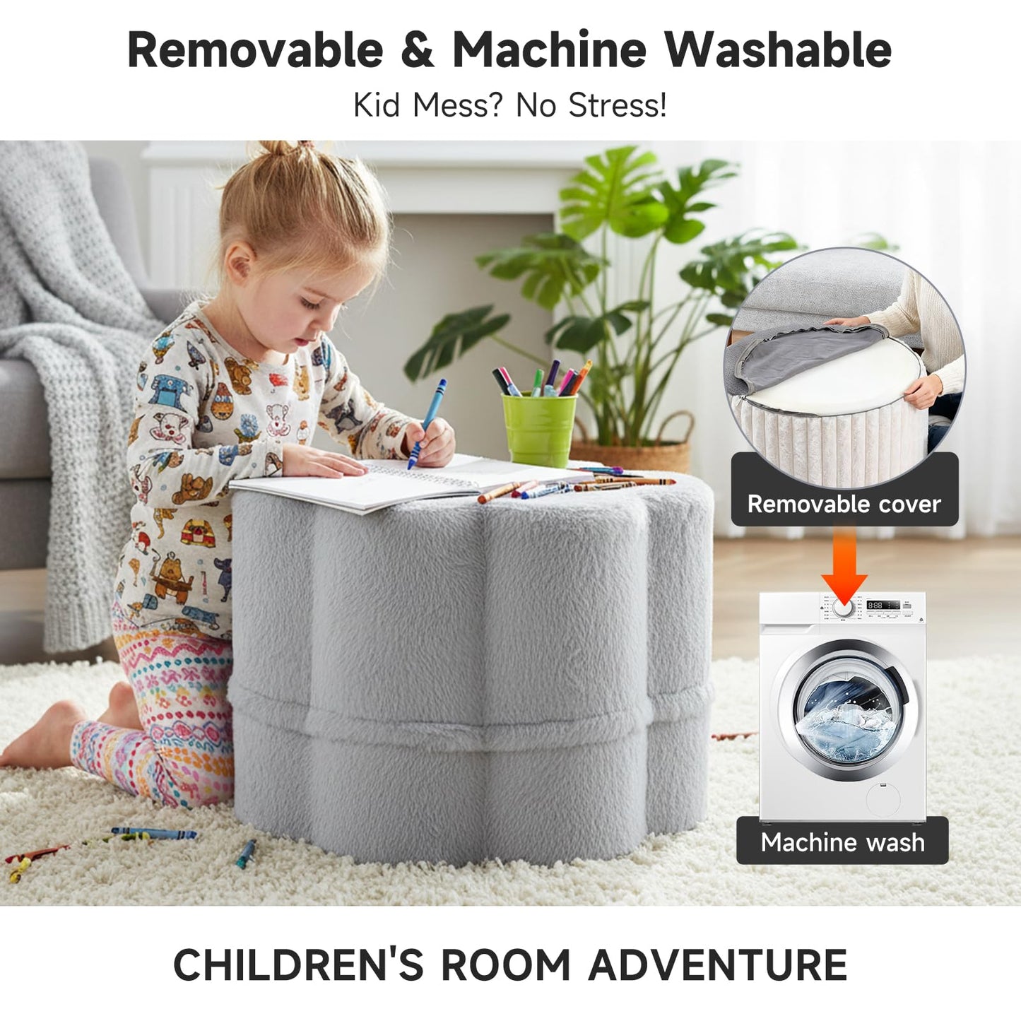 Tiita Floral Pouf Ottoman, Foot Stools Ottoman with Foam Chunk Filling, Puff Foot Rest for Couch, Living Room, Kids Room, Grey