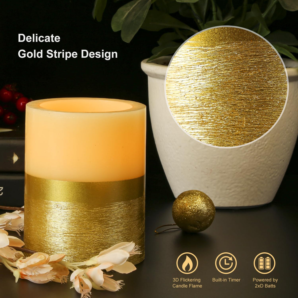 Flickering Flame LED Pillar Candle, Gold Flameless Candle with Timer, 5 Inches Height, Home Decoration, Party Celebration