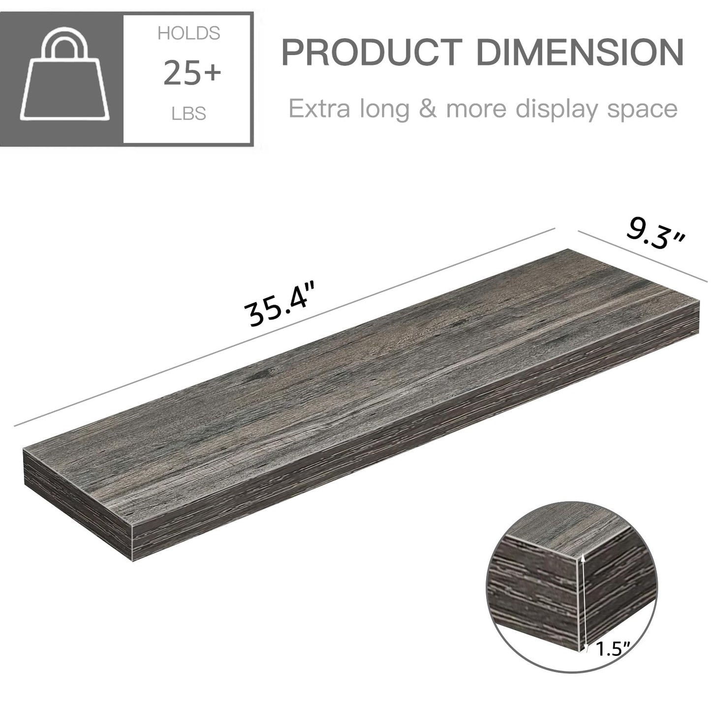QEEIG Floating Shelves for Wall 35.4" Long - Wall Mounted Shelf Bathroom Kitchen Living Room Bedroom Farmhouse Home Decor Display Bookshelf Large 35.4 x 9.3 inch Set of 2, Grey (008-90GY)