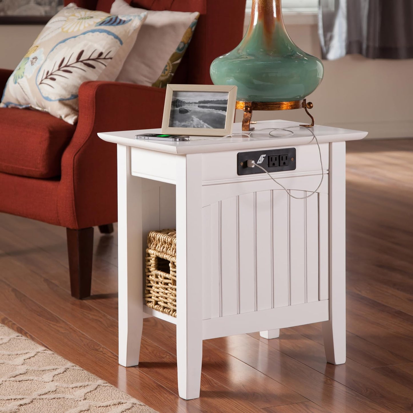 AFI Nantucket Chair Side Table with Built-in Charger in White