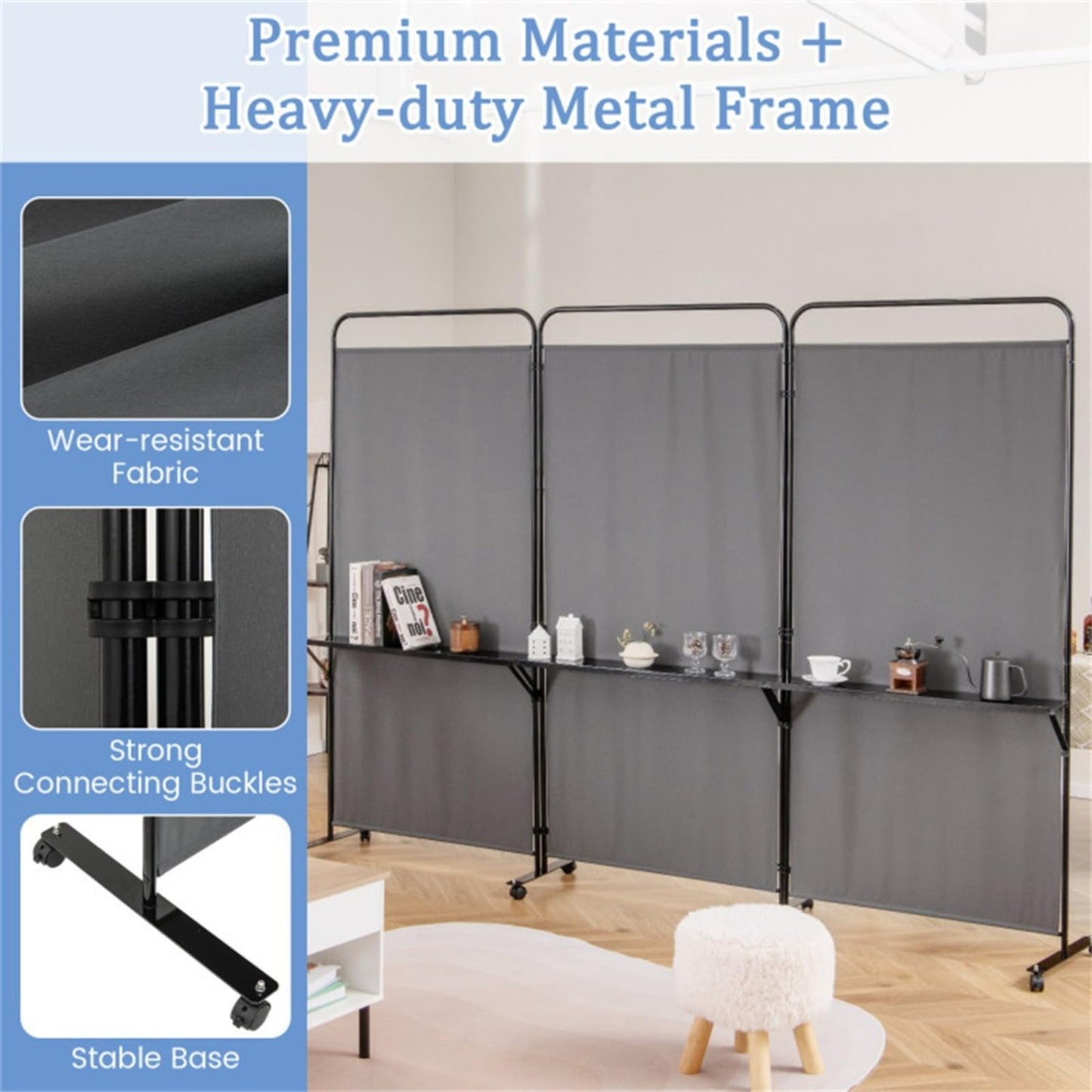 YWGYWG 3 Panel Room Divider with Storage Shelves ， 103" W x 74" H Folding Privacy Screen, Home Office Studio, Fabric Wall Divider for Room Separation (Grey)