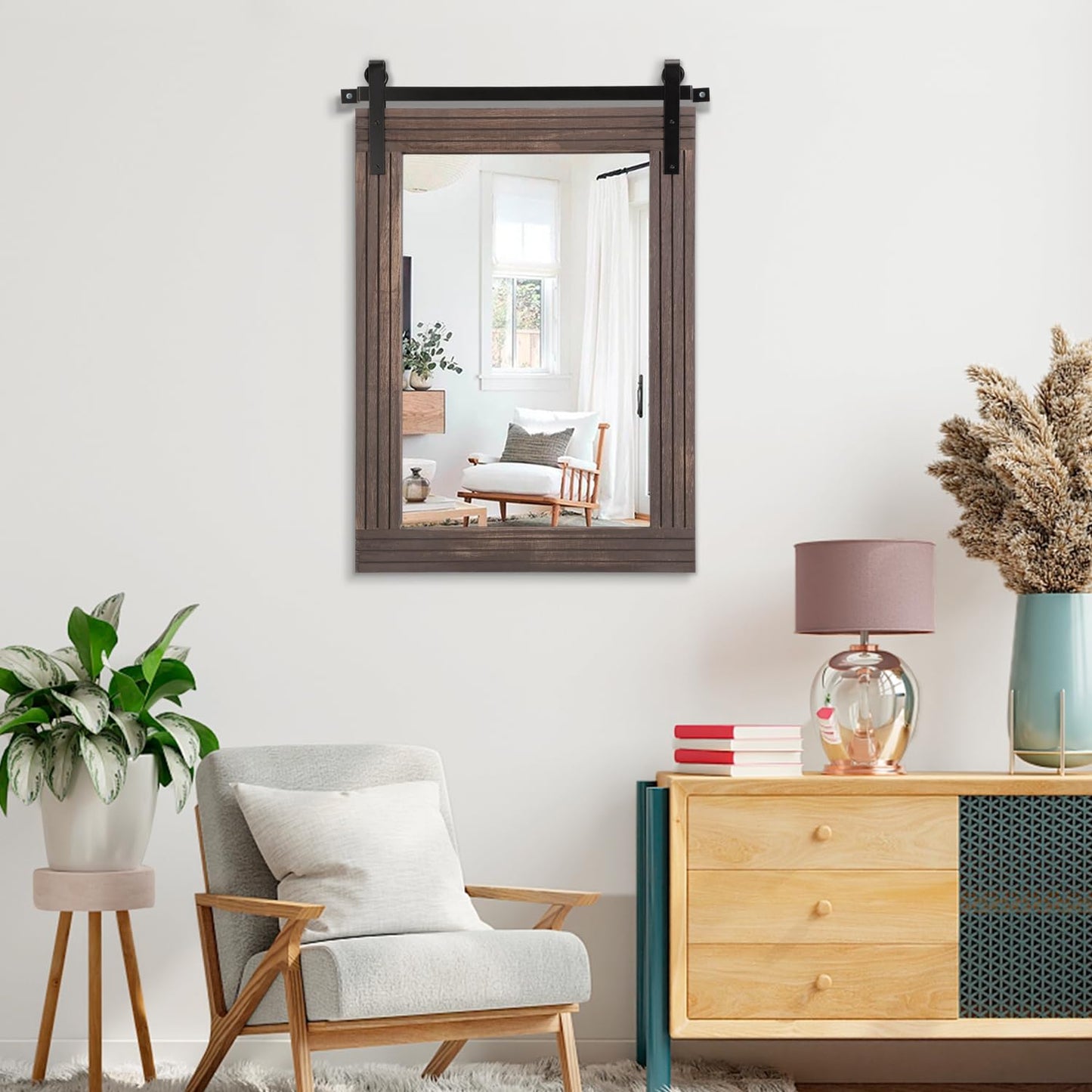 AAZZKANG Rustic Wood Mirror Rectangle Decorative Wall Mirror 26"x18" with Framed Bedroom Living Room Bathroom Hanging Mirror