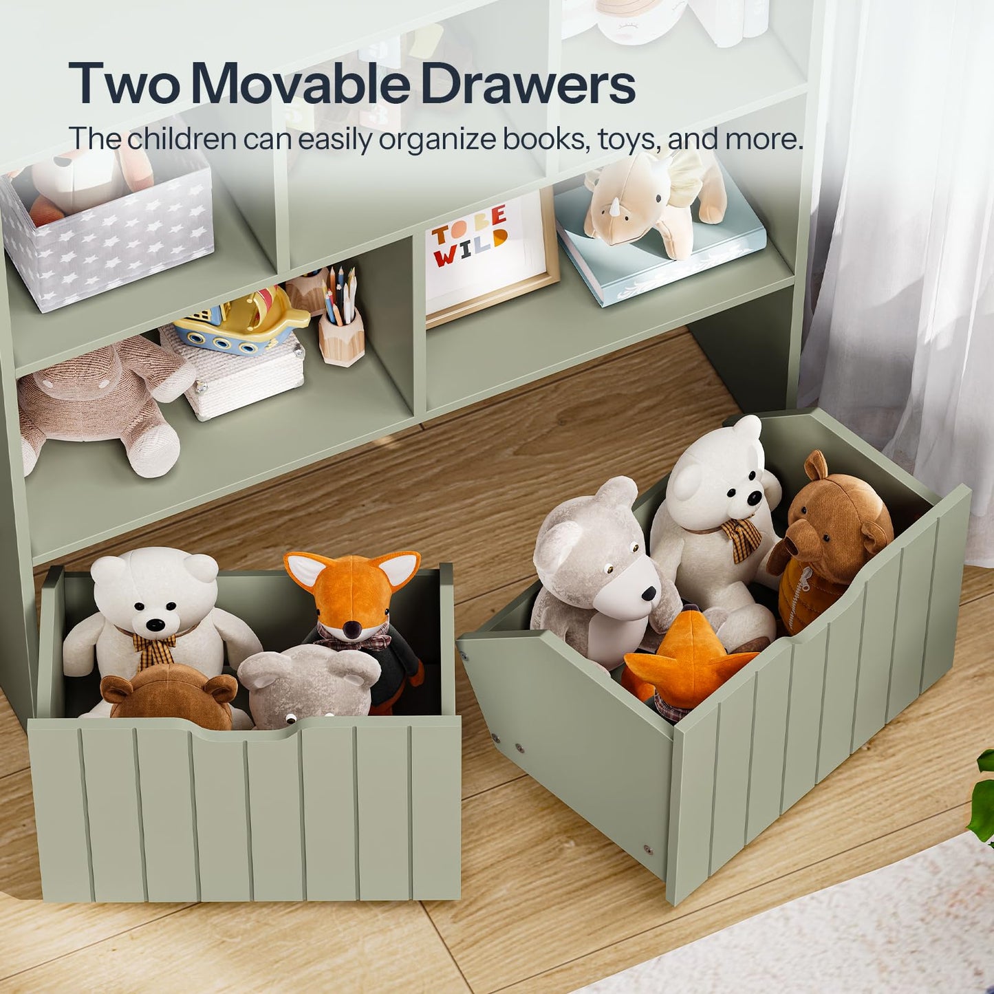 HOOBRO Toy Storage Organizer, Toy Organizers and Storage with 2 Movable Drawers and 5 Cubbies, Toy Chest Shelf for Books or Dolls, Kids Bookshelf and Toy Storage for Playroom, Green GN88CW01