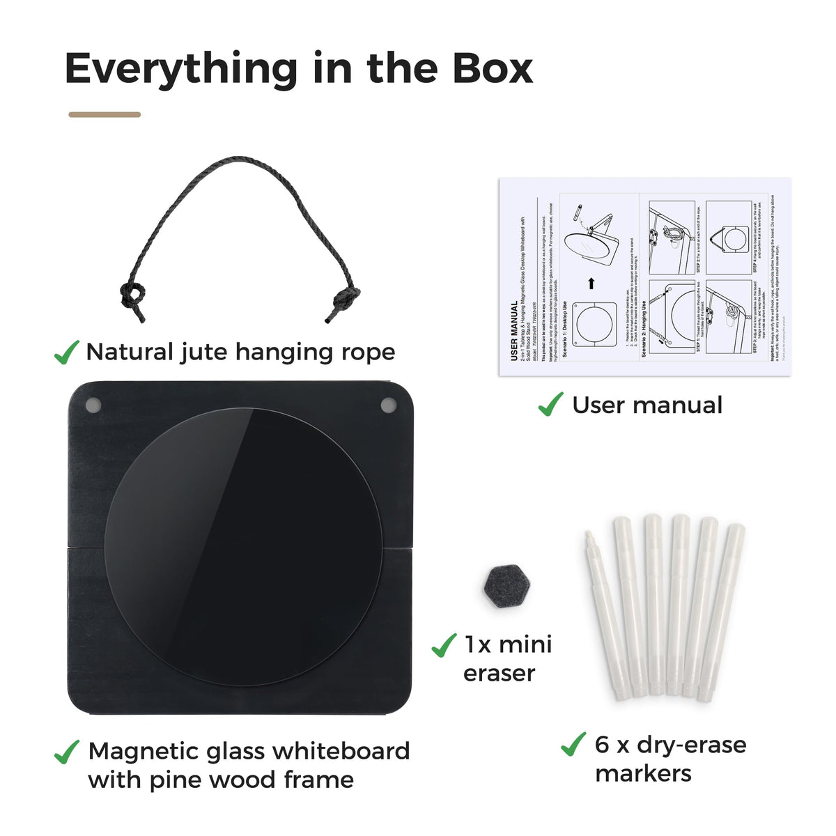 TOWON Glass Desktop Whiteboard with Solid Wood Stand - Foldable Mini Dry Erase Board for Desk - 2-in-1 Tabletop & Hanging Memo Board for Office Decor, Magnetic, Black and Round