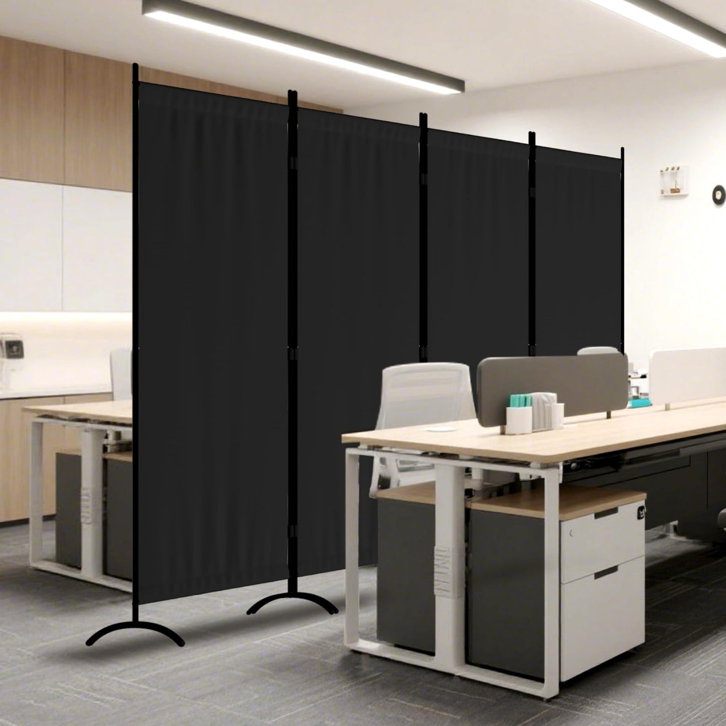 Kecreque Room Divider 4 Panel Partition Room Dividers and Folding Privacy Screens with 5 Curved Metal Feet Portable Divider Wall 88" W Temporary Wall for Office Divider Bedroom Dressing Room,Black
