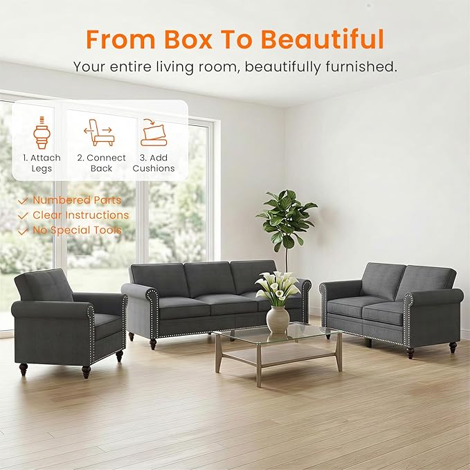 Living Room Sofa Sets 3 Piece, Modern 3 Seater Sofa and Loveseat Couch and