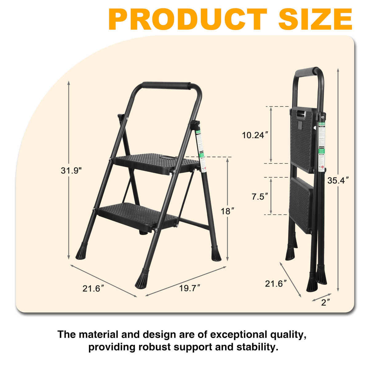Step Ladder, Portable Steel Folding Step Stool with Wide Anti-Slip Pedal & Convenient Handgrip, Sturdy Steel Ladder, 2-Step, Black