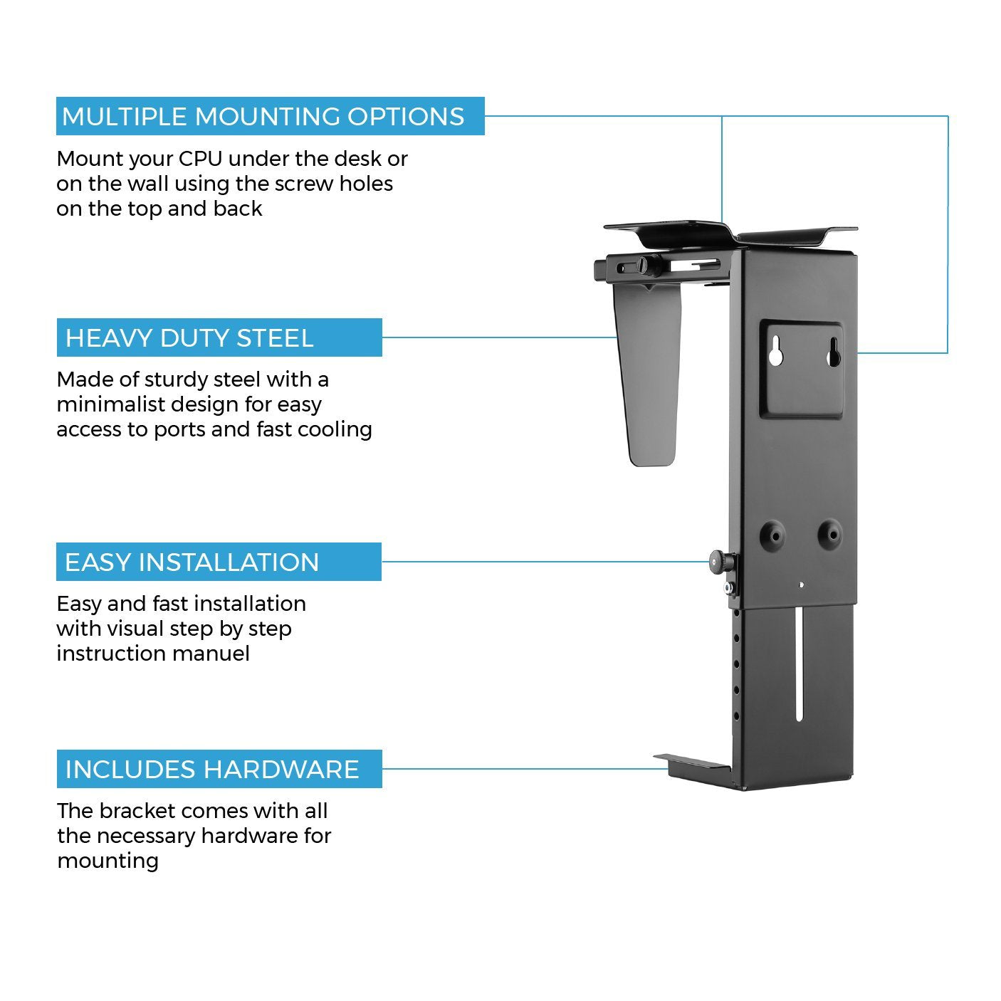 HumanCentric Adjustable Under Desk Computer Mount and Wall Mount, CPU Holder Fits Most PC or Computer Cases, Adjustable Height and Width, Full 360 Swivel, Up to 22 lb, Hardware Included