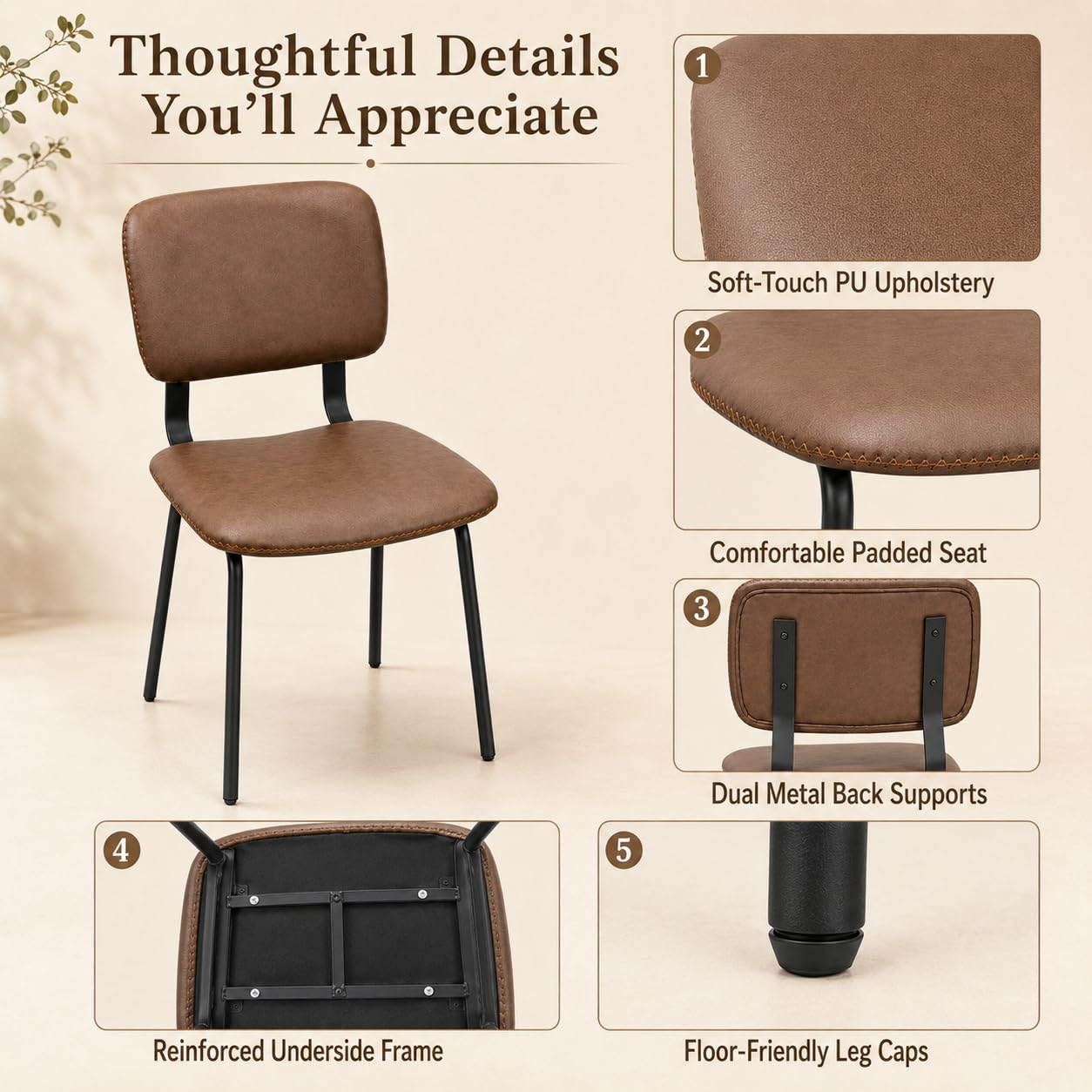 OrvieraSol Brown Dining Chairs Set of 2, PU Leather Upholstered Kitchen Chairs with Padded Seat and Back, Modern Armless Side Chairs with Black Metal Legs for Dining Room, Vanity, Living Room