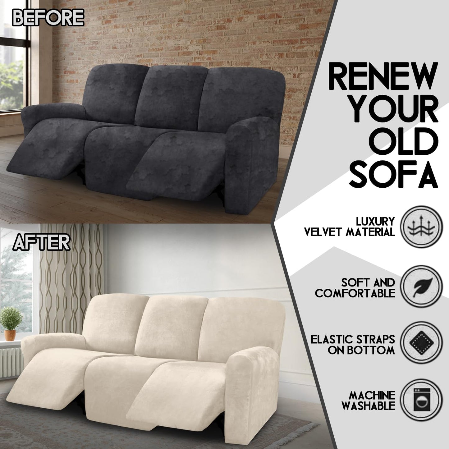 ULTICOR Velvet 8-Pieces Recliner Sofa Covers Stretch Reclining Couch Covers for 3 Cushion Reclining Sofa Slipcovers Furniture Covers Thick Soft Washable (3 Seater Recliner Cover, White)