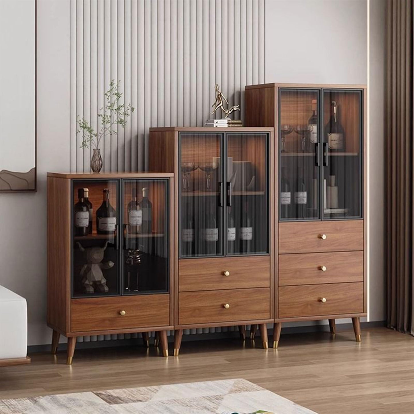Freestanding Wine Bar Cabinet, Bamboo & Glass Display Cabinet, 3/4/5-Tier Modern, Clear View, Transparent Cabinet Door Design, for Office Living Room Bedroom Furniture