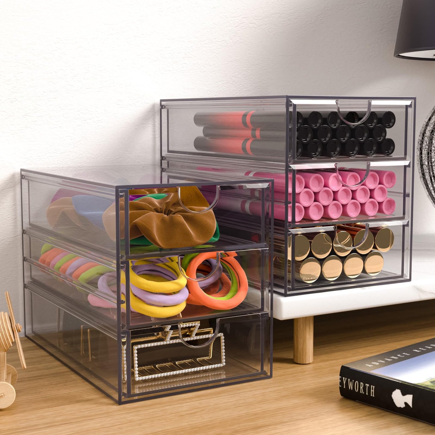 Noverlife 3 Drawers Hair Accessories Organizer, Clear Acrylic Hair Ties Desktop Craft Drawer Cabinet, Hair Claws Desk Organizer Storage Containers Box with Pull-Out Drawer for Bathroom Closet Office