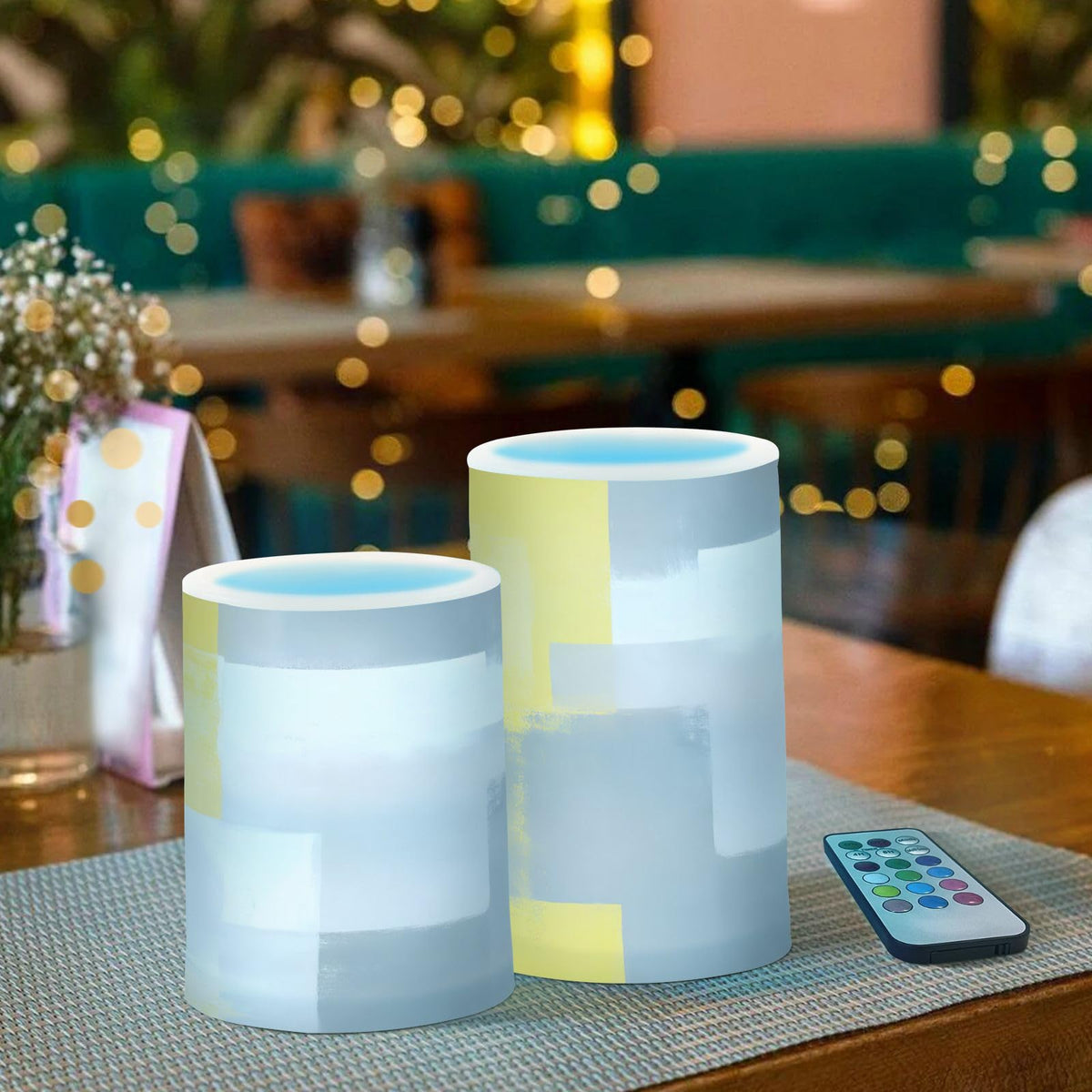 ALAZA Grey and Yellow Abstract Art Painting Flickering Flameless Candles Battery Operated with Remote Timer,Tea Light Candles LED Pillar Votive Candles Set of 2 for Outdoor Indoor Decorations
