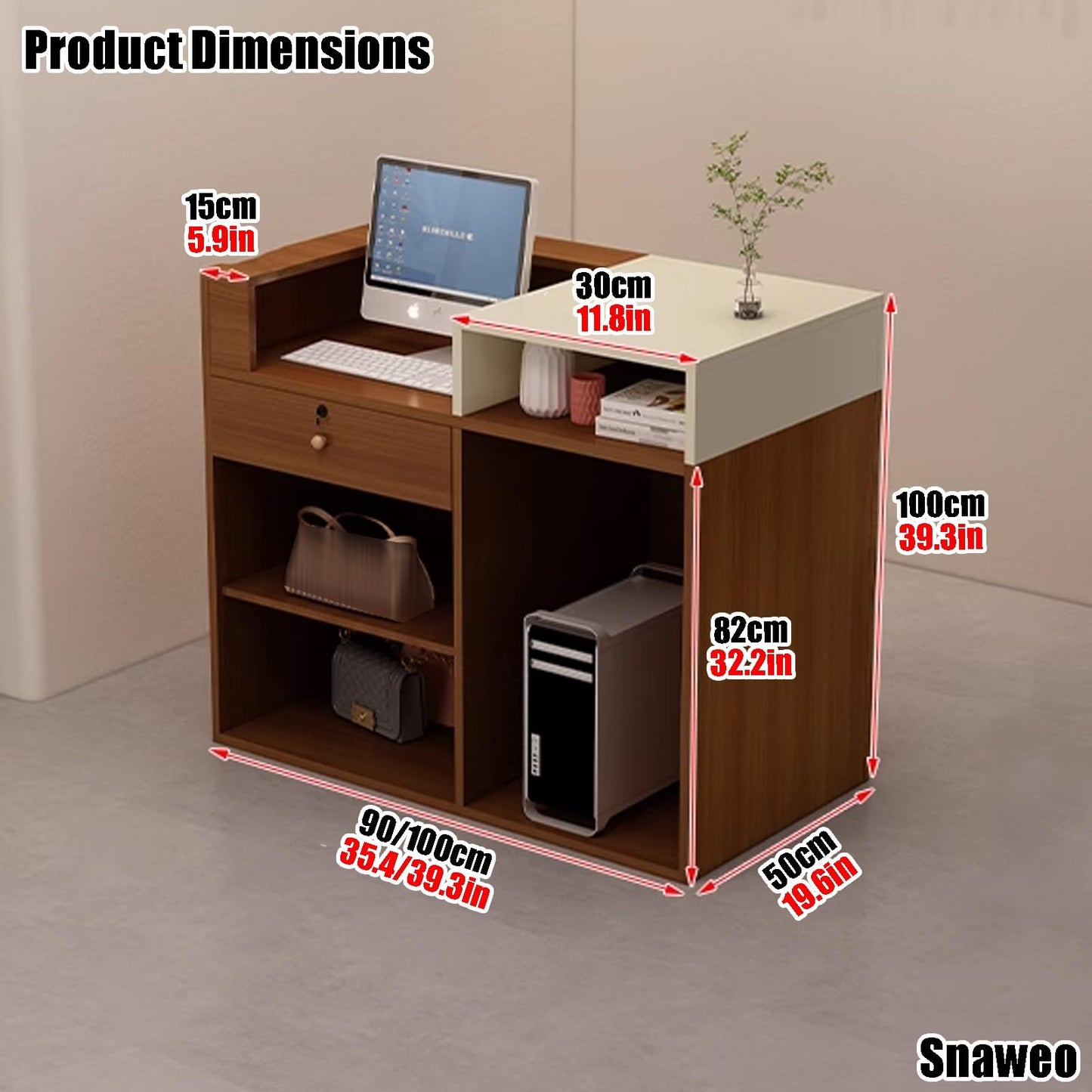 Lockable Reception Desk, Modern Wood Front Counter, Stylish Black & Teak Design, 100cm for Retail Checkout, Ideal for Convenience Stores, Clothing Shops & Salons