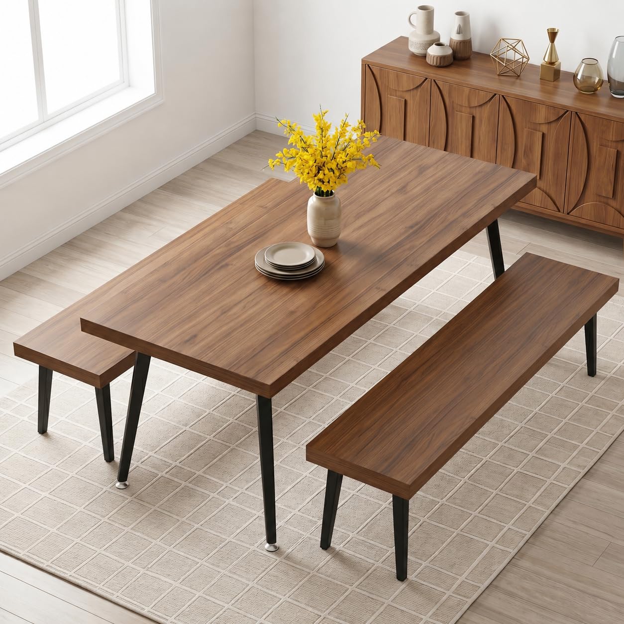 ZckyCine 3-Piece Dining Table Set with 2 Benches, 71" Modern Industrial Kitchen Table Set with Thick MDF Wood Top and Heavy Duty Metal Legs, Space Saving Dinner Table and Benches for Dining Room