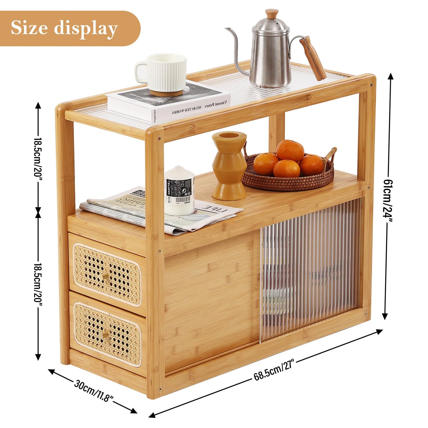 Tiita Rattan Nightstand Side Table, Bamboo Accent Bedside Tables, Glass Coffee Tables, Boho Wooden End Table with Storage for Small Space, Living Room and Bedroom