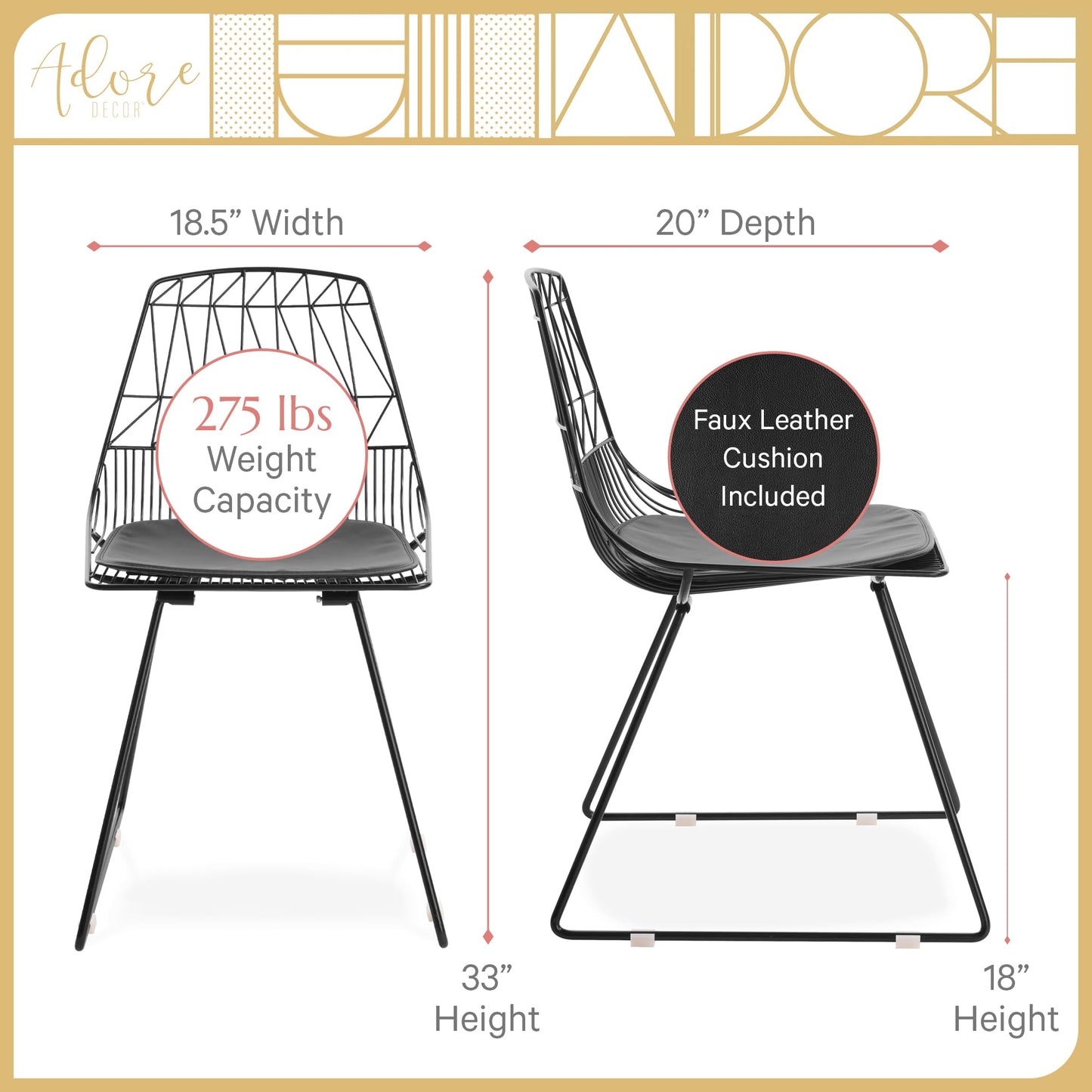 Adore Decor Vivi Metal Dining Chair, Set of 2, Noir Black