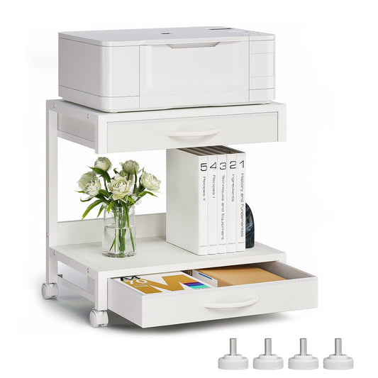VENNQD 2-Tier Desktop Printer Stand with 2 Fabric Drawers, Prtiner Table with Storage Shelf, Desk Organizer for Home Office,3D Printer,Fax Machine,Scanner (White, 2 Tier)