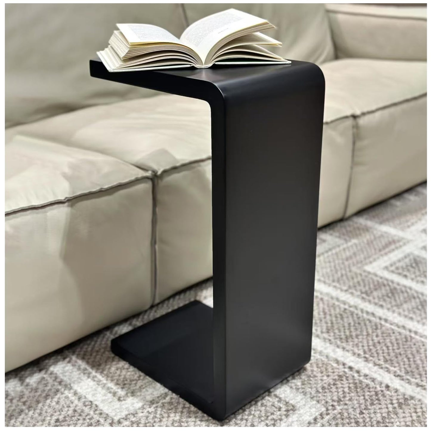 H24.4in C Shaped End Table, Black Solid Wood Sofa Side Table for Couch/ Bed/Living Room, Space-Saving Small Snack Table for Bedroom, Office, or Balcony, Wooden Nightstand for Laptop and Narrow Spaces