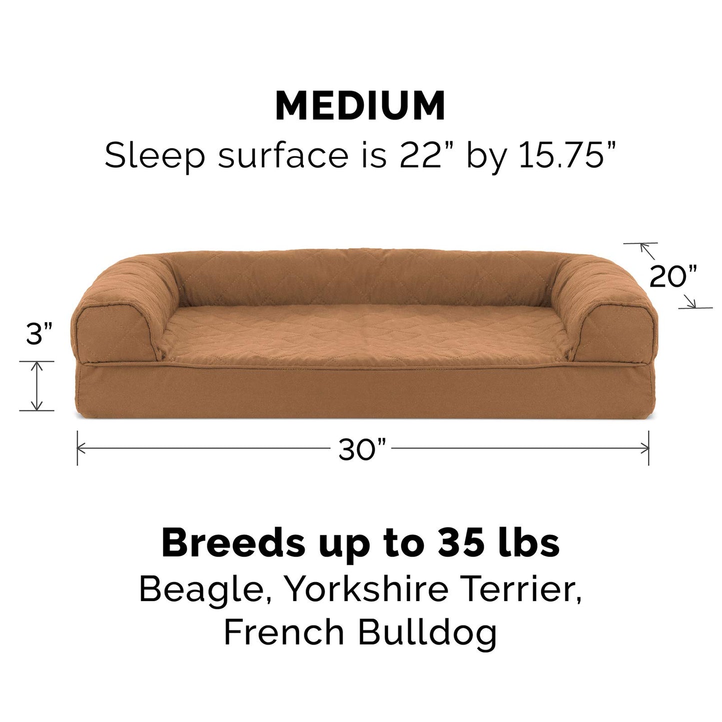 Furhaven Memory Foam Dog Bed for Medium/Small Dogs w/ Removable Bolsters & Washable Cover, For Dogs Up to 35 lbs - Quilted Sofa - Toasted Brown, Medium