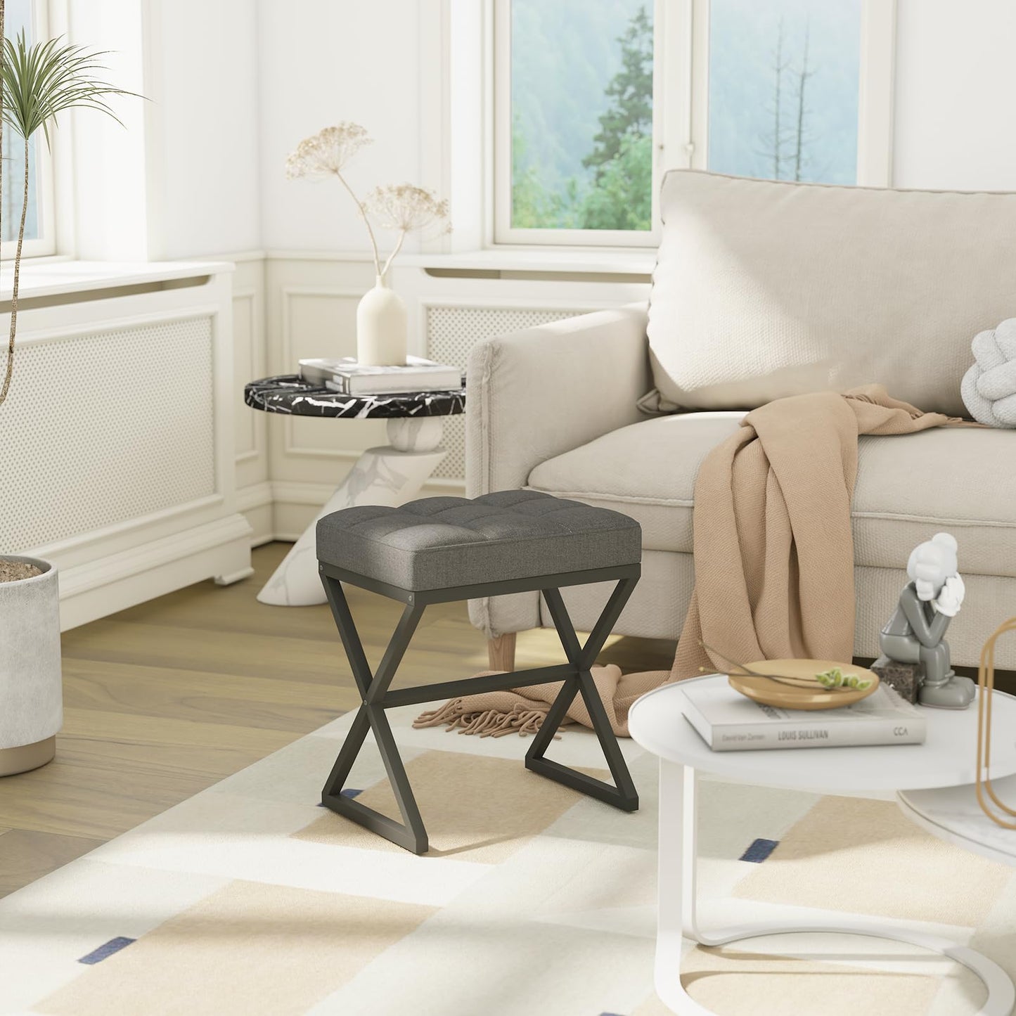 YMYNY Vanity Stool, Linen Footrest, Ottoman Bench with X-Shaped Metal Legs, Makeup Dressing Stool for Vanity, Living Room, Bedroom, Entryway, Hallways 15.74" D×11.81" W×18.11" H Grey UHBD033G