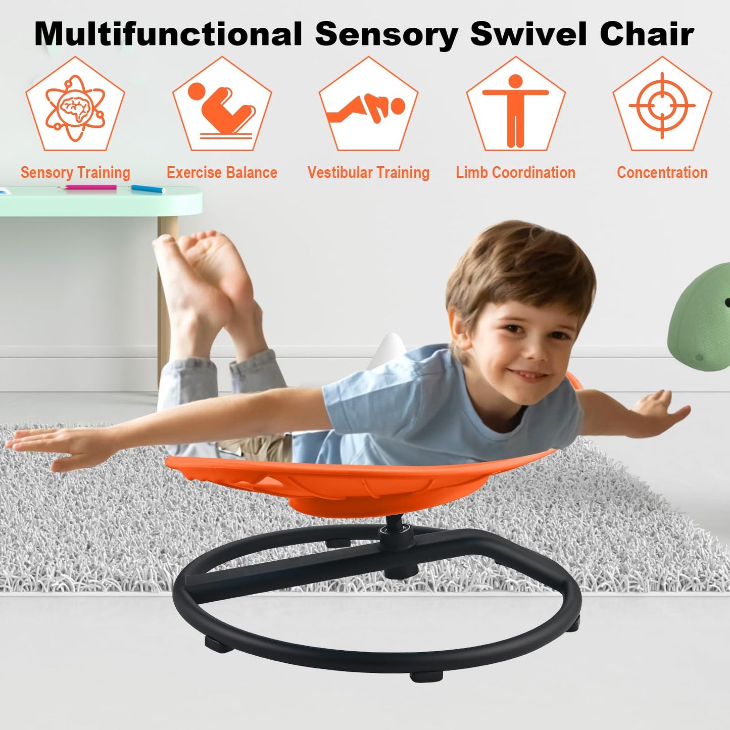 Casuenia Spinning Chair for Autistic Kids, Sensory Swivel Chair with Safety Handles, 220LBS Weight Capacity, Spinning Toy for Kids Autism & ADHD Age 3+, Sensory Product for Body Balance (Orange)