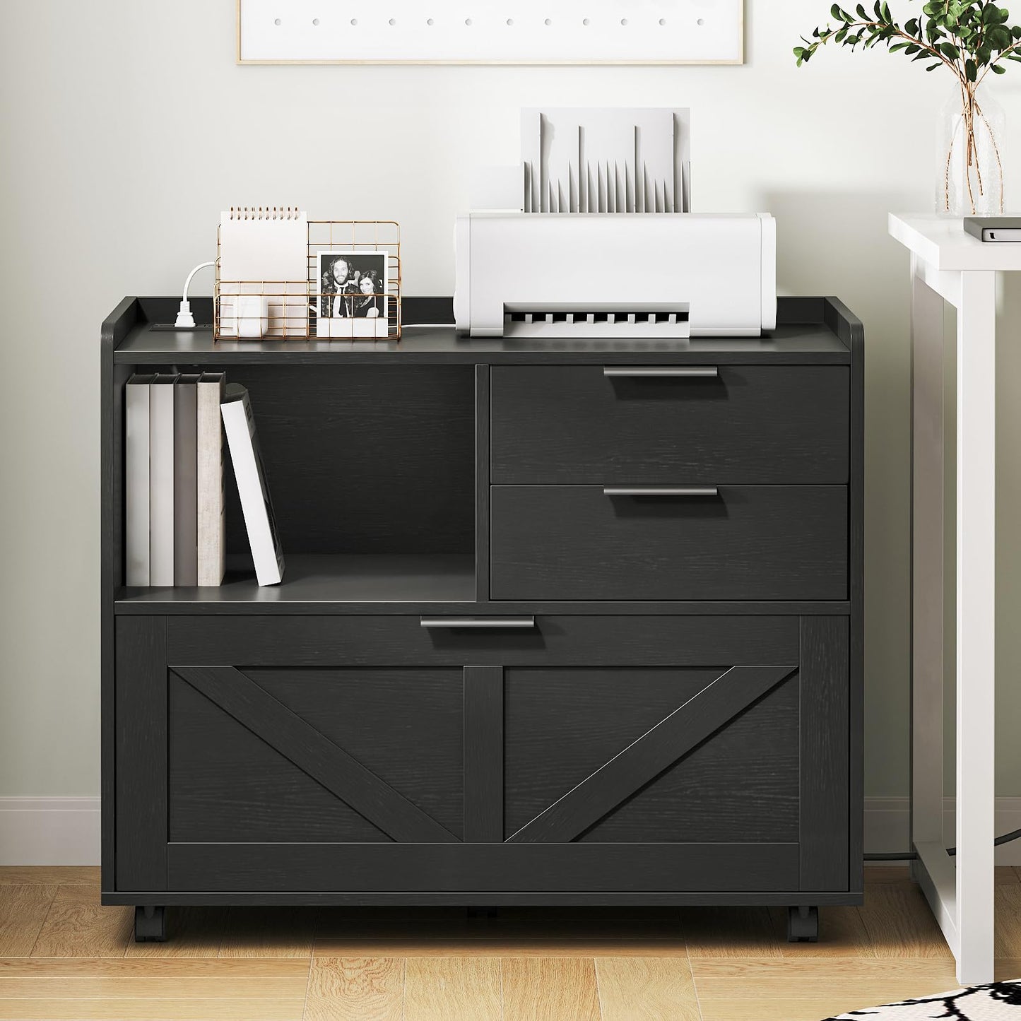 HOOBRO Lateral File Cabinet, Wooden Office Storage Drawers with Charging Station, Filing Cabinet for Home Office, A4/Letter/Legal-Sized Files, Printer Stand with Open Storage Spaces, Black BB37UWJ01
