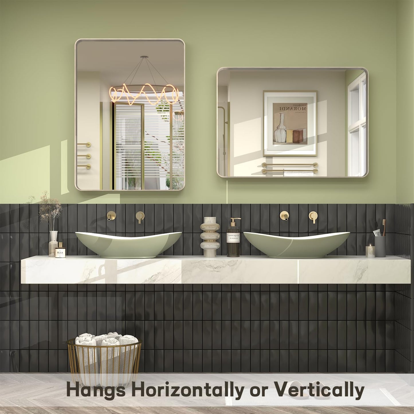 VANLIO 28x36 Inch Brushed Nickel Bathroom Mirror, Brushed Silver Metal Framed Wall Mirror, Rounded Rectangle Bathroom Vanity Mirror, Anti-Rust, Shatterproof (Horizontal/Vertical)