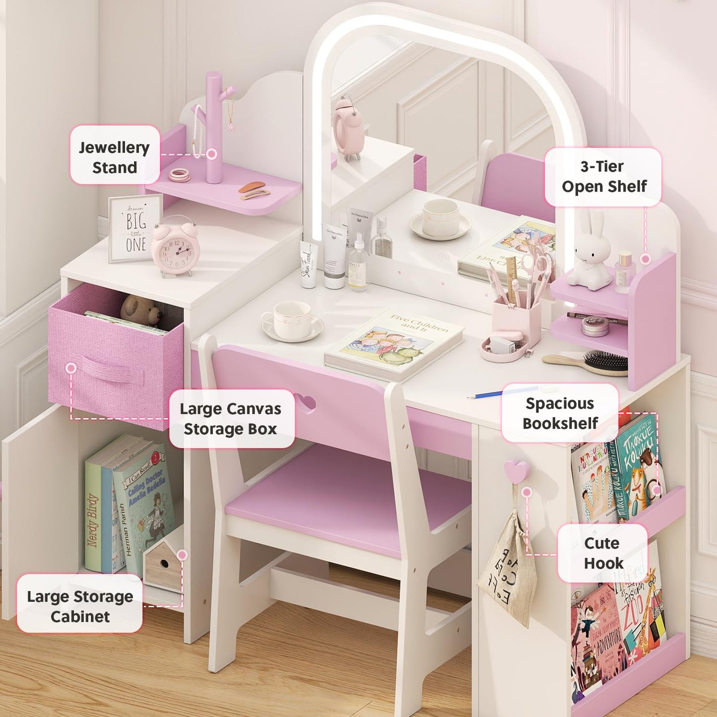 Frogprin Kids Vanity with Lights and Chair, Princess Makeup Vanity Desk with Mirror Bookshelf Storage Cabinet,3 in 1 Toddler Vanity Table Makeup Dressing Table, Pretend Play Vanity Set for Little Girl