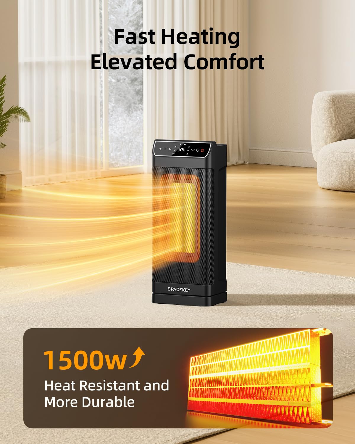 Space Heater, Electric Heaters for Indoor Use with Thermostat, Remote, 1-12H Timer, 70°Oscillation and Overheat Protection, 1500W PTC Ceramic Fast Safety Heat, Portable Heater for Office (Black)