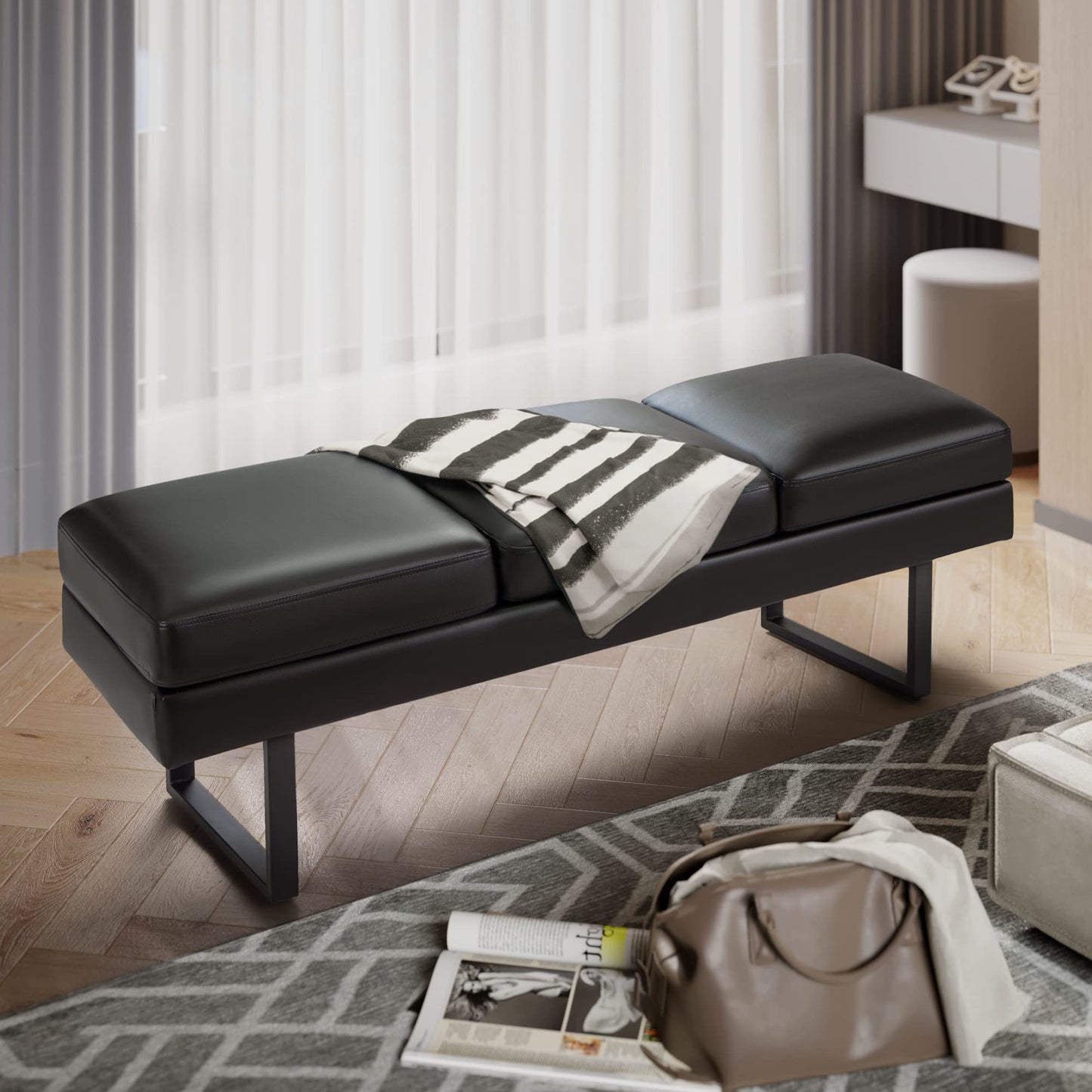 Furmax Waiting Room Chairs Faux Leather Office Guest Chair, 59.6 Inches Conference Room Chairs 3 Seats Upholstered Reception Bench, Lobby Furniture for Salon and Shop, Black