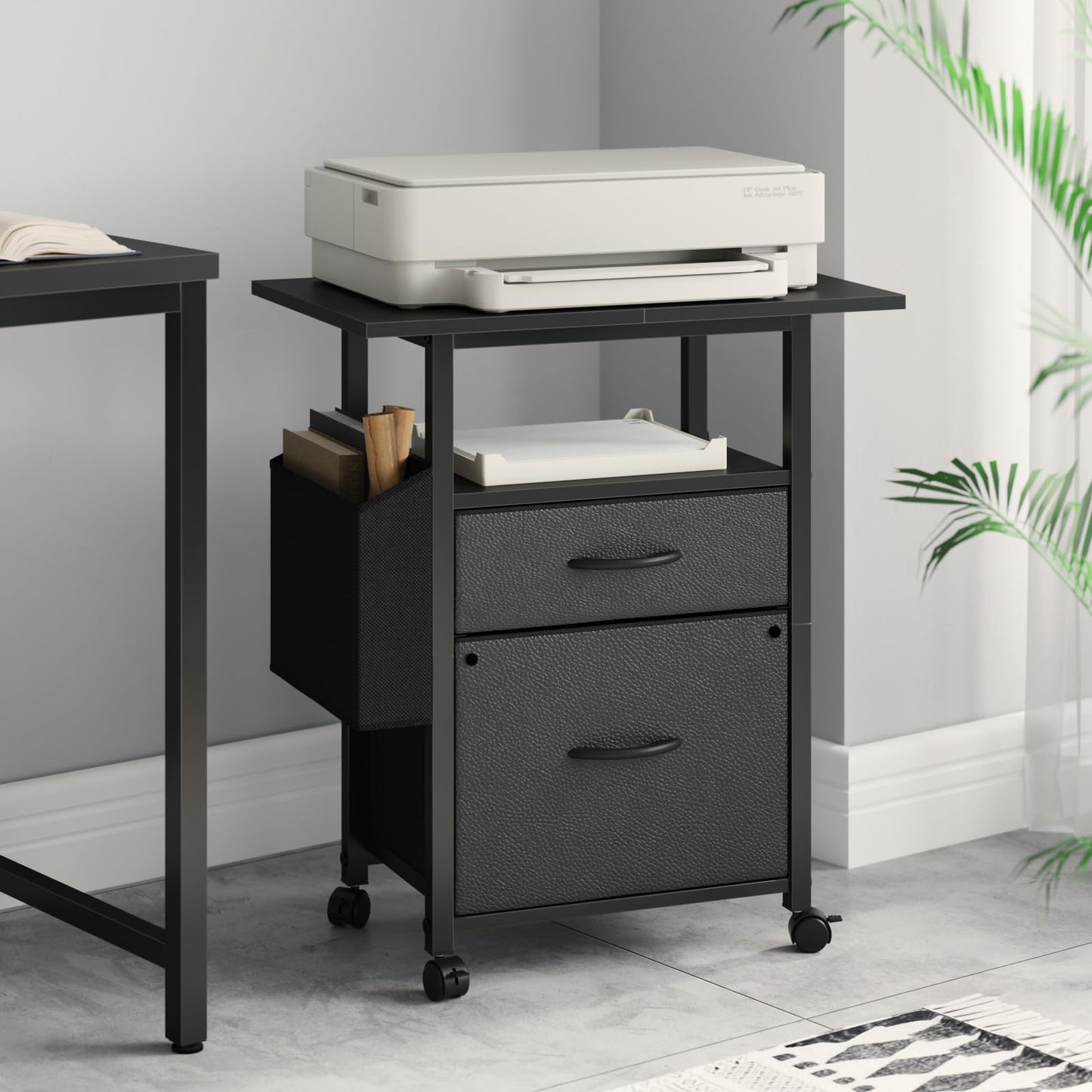 GYIIYUO 2 Drawer File Cabinet with 24'' Extended Desktop, Mobile Filing Cabinet, Rolling File Cabinet with Side Bag, Fabric Drawer, Fits A4/Letter Size, Printer Stand Home Office, Black