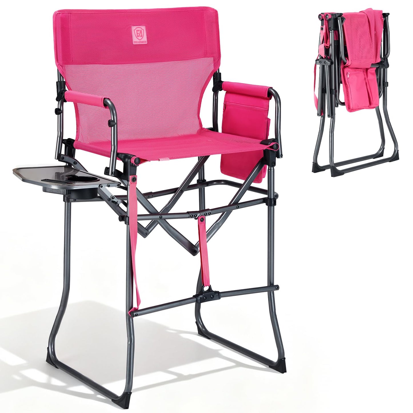 EVER ADVANCED Portable 30.7" Seat Height Tall Folding Camping Chair Directors Chair High Foldable Bar Stool with Side Table for Makeup Artist, Sports Event, Craft Show, Textilene Mesh, Supports 350LBS