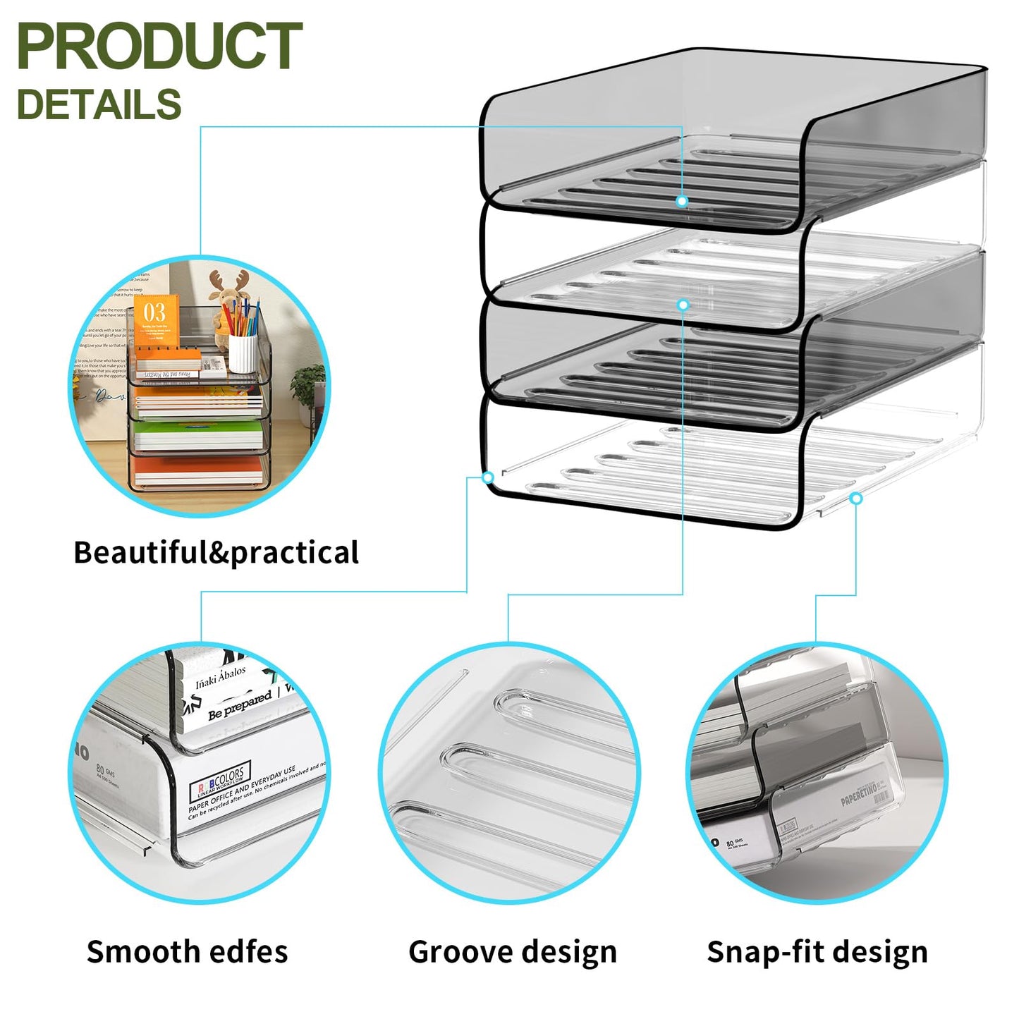 FANXIYQ 4-Tier Acrylic Paper Tray Organizer, Clear & Brown Stackable Desk Organizer for Documents, Files, A4 Paper, Mail, Books & Office Supplies, Office Classroom Home