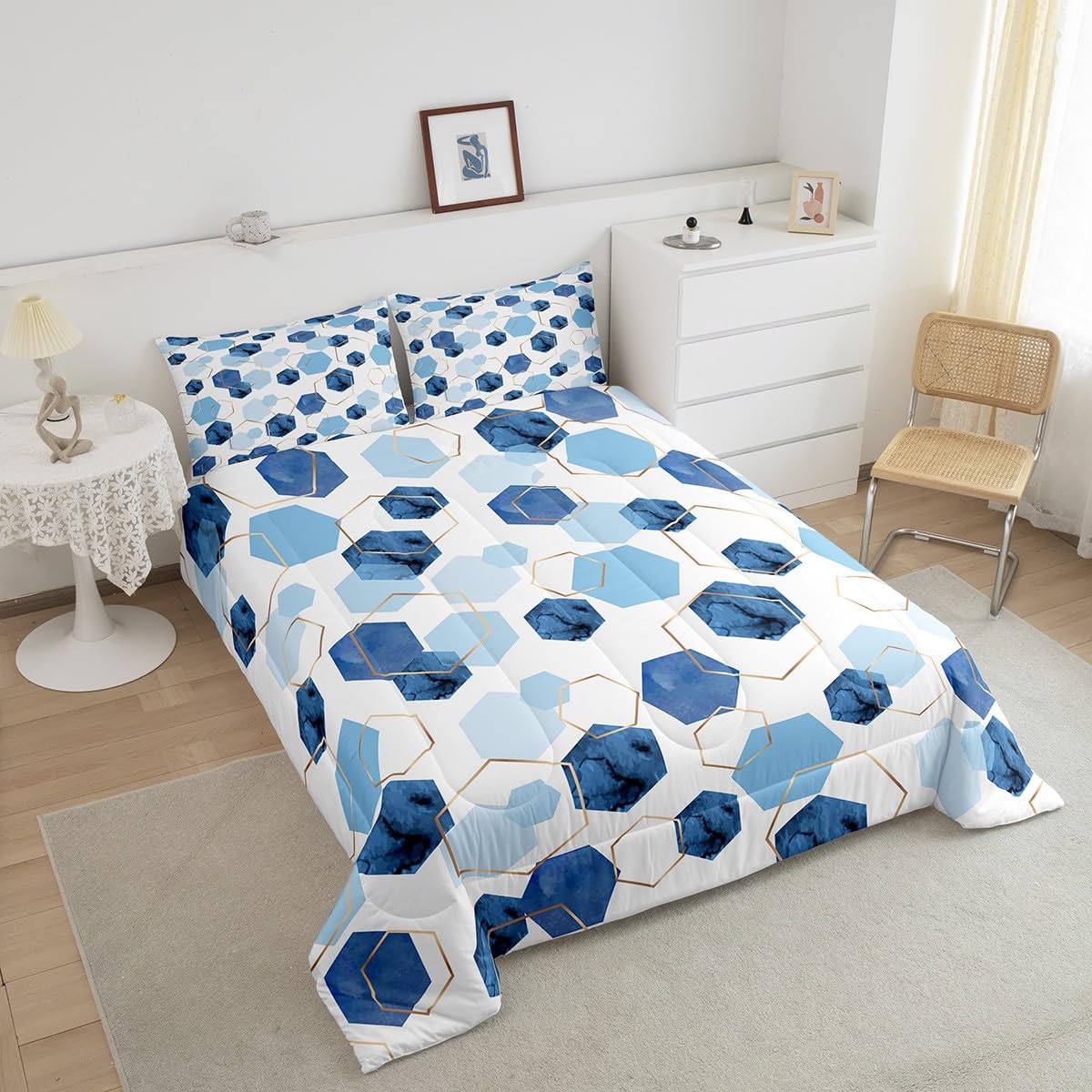 Erosebridal Geometric Hexagon Comforter Twin Navy Blue Bedding Set, Watercolor Honeycomb Down Comforter Abstract Tie Dye Bed Set, Luxury Gold Hexagon Quilted Duvet Microfiber
