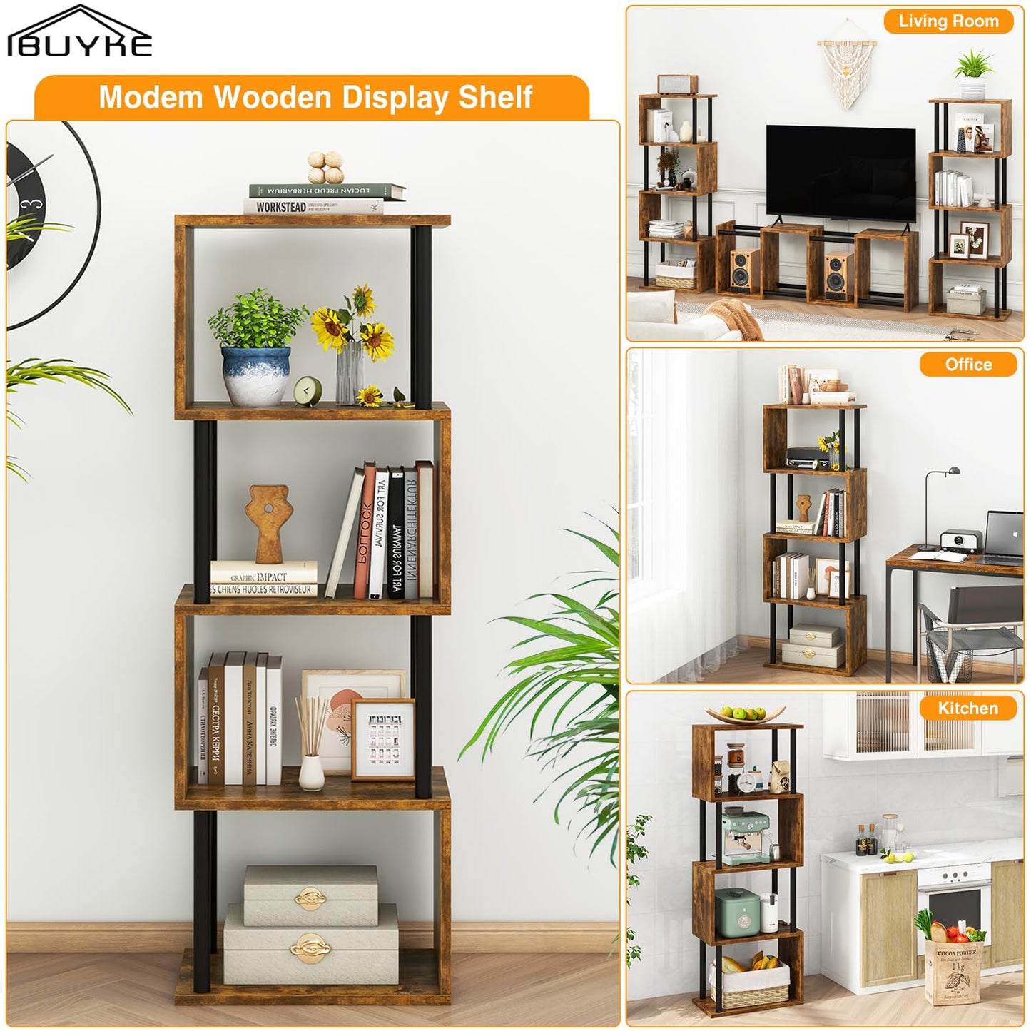 IBUYKE 5-Tier Tall Bookshelf,S-Shaped Geometric Bookcase, Wood Display Shelves with Storage,Industrial Bookshelf for Living Room Bedroom, Home Office, Rustic Brown WBC015H