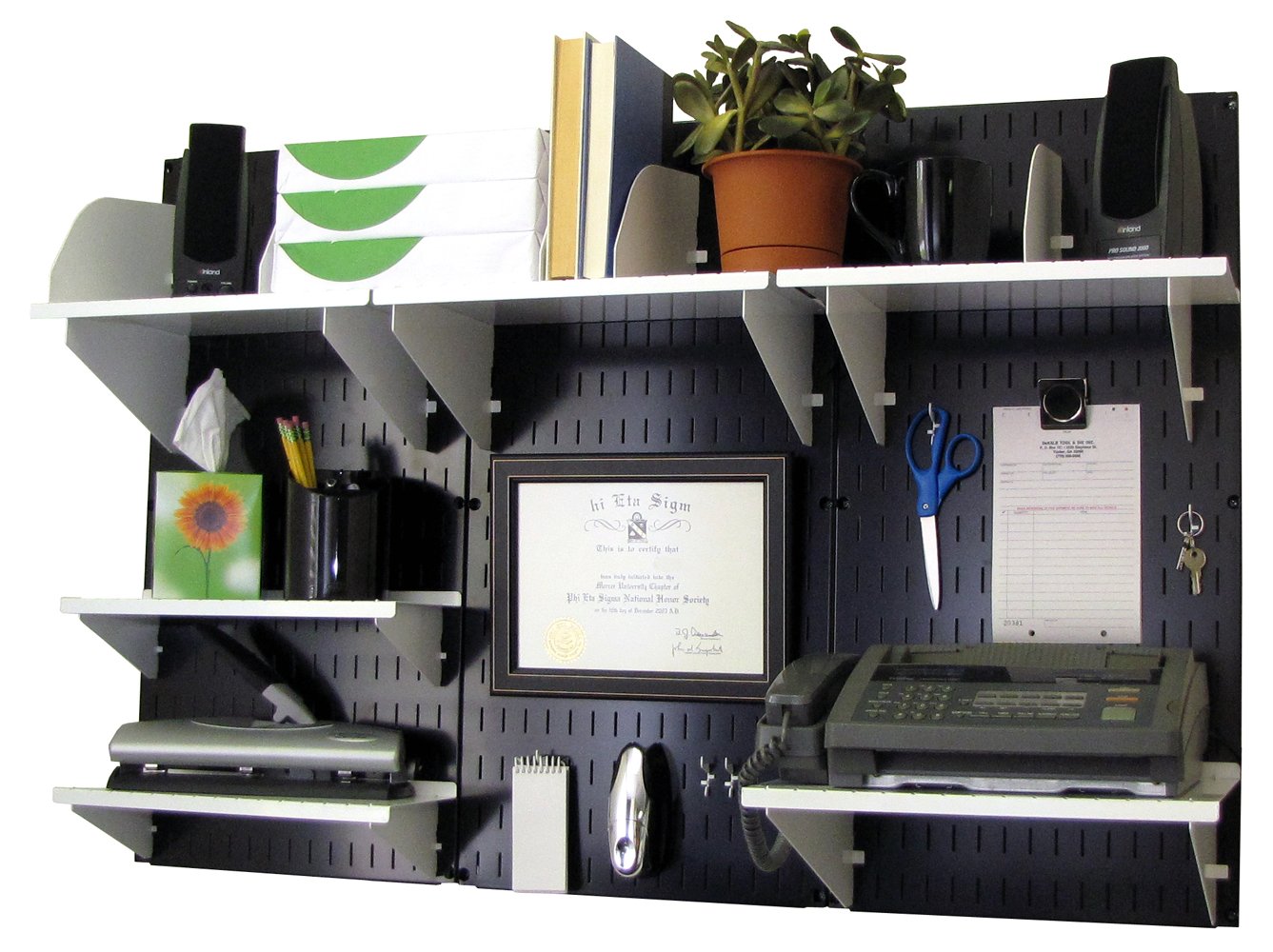 Wall Control Office Organizer Unit Wall Mounted Office Desk Storage and Organization Kit Black Wallboards and White Accessories