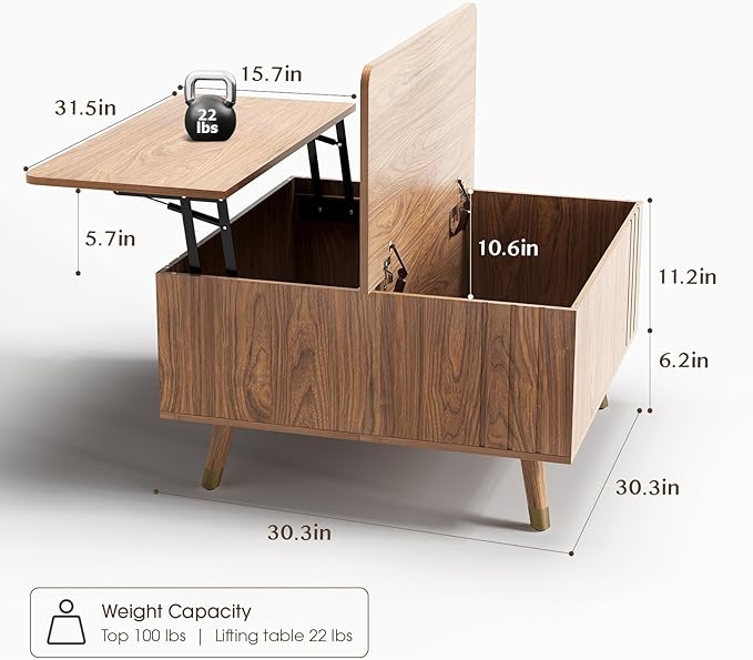 JOINICE Walnut Lift Top Coffee Table