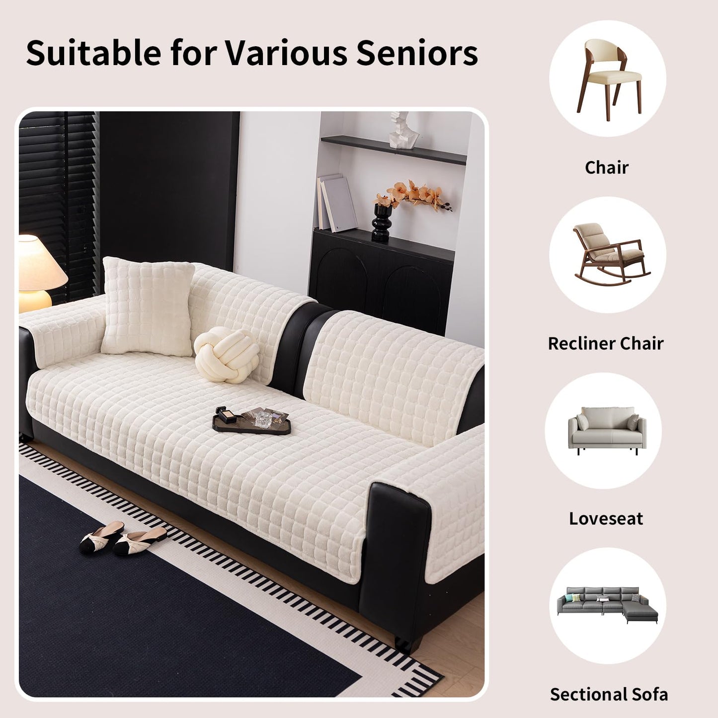 MDSASFD Velvet Couch Cover, Washable Sectional Sofa Cover, Anti Slip Sofa Slipcover for 3 Cushion Couch Sofa L Shaped Armrest Backrest, Furniture Protector Covers for Pets Kids(White, Only 1 PCS)