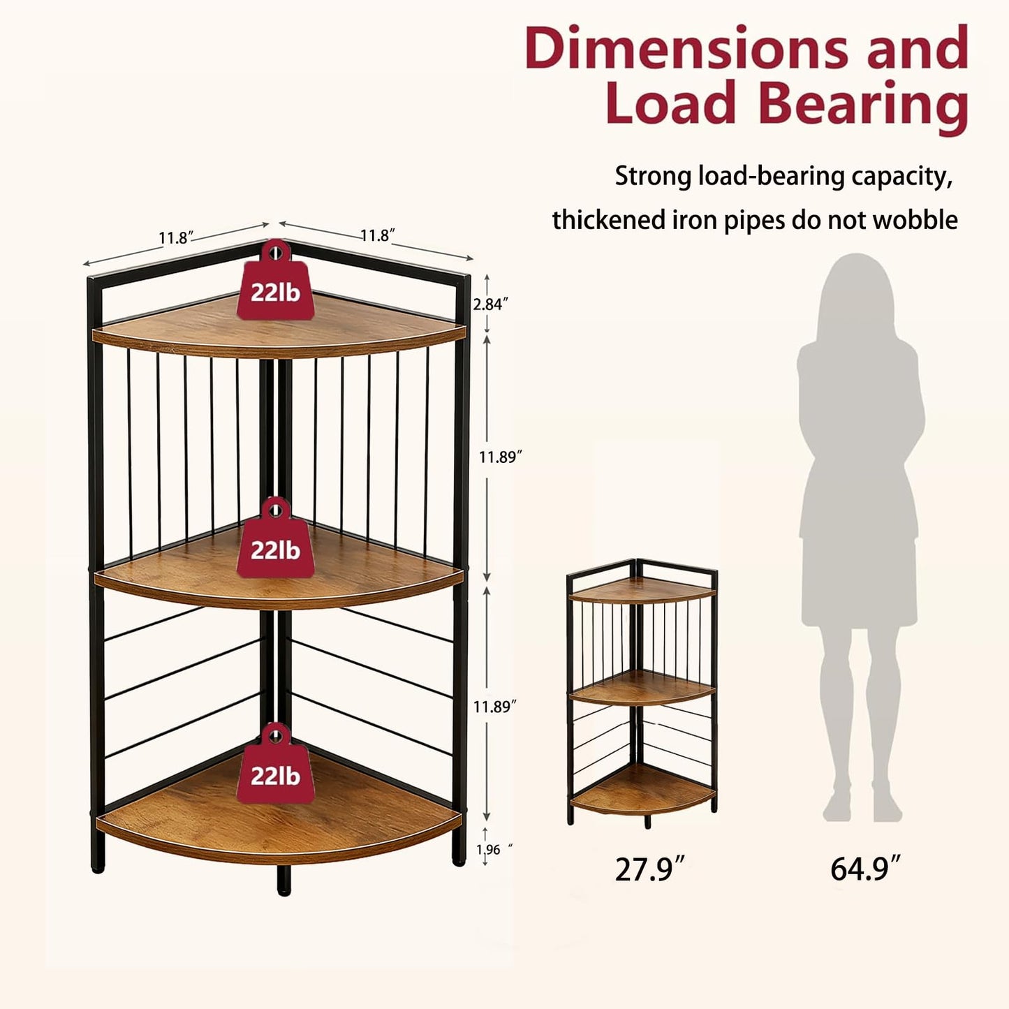 Fnaumdol Corner Shelf Stand 27.9" H, 3 Tier Corner Display Shelving Unit with Sturdy Metal Frame Multipurpose Corner Bookshelf for Small Spaces Bathroom, Kitchen, Bedroom, Living Room