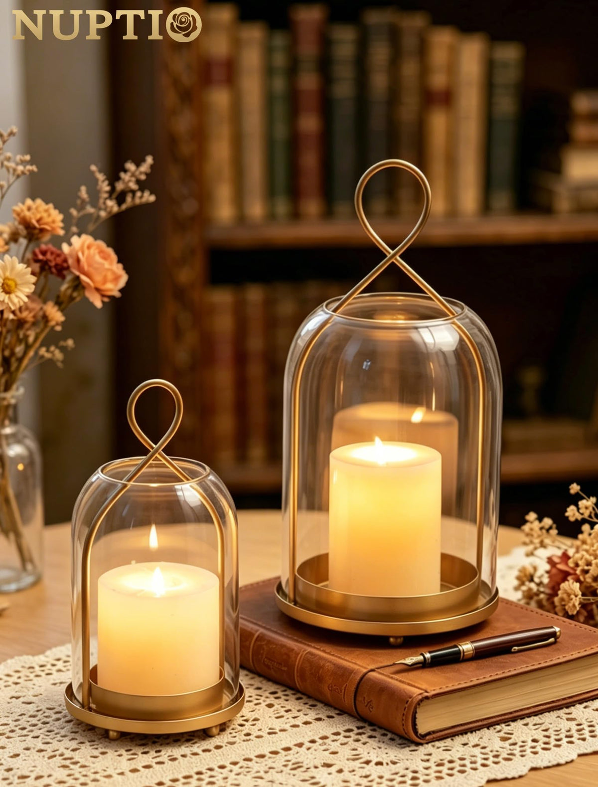 NUPTIO Glass Lanterns Decorative Outdoor: Gold Hurricane Candle Holders for Pillar Candles - Set of 2 Hanging Lantern for Home Thanksgiving Christmas Party Centerpiece