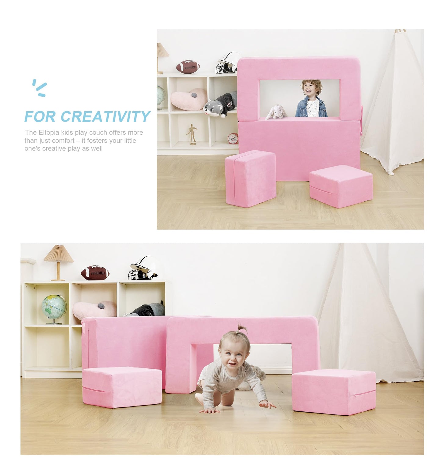 Elftopia Modular Kids Sofa,Toddler Couch Foam Armchair for Kids, Children Convertible Plush Sofa Play Set,Fold Out SofaBed(Pink)