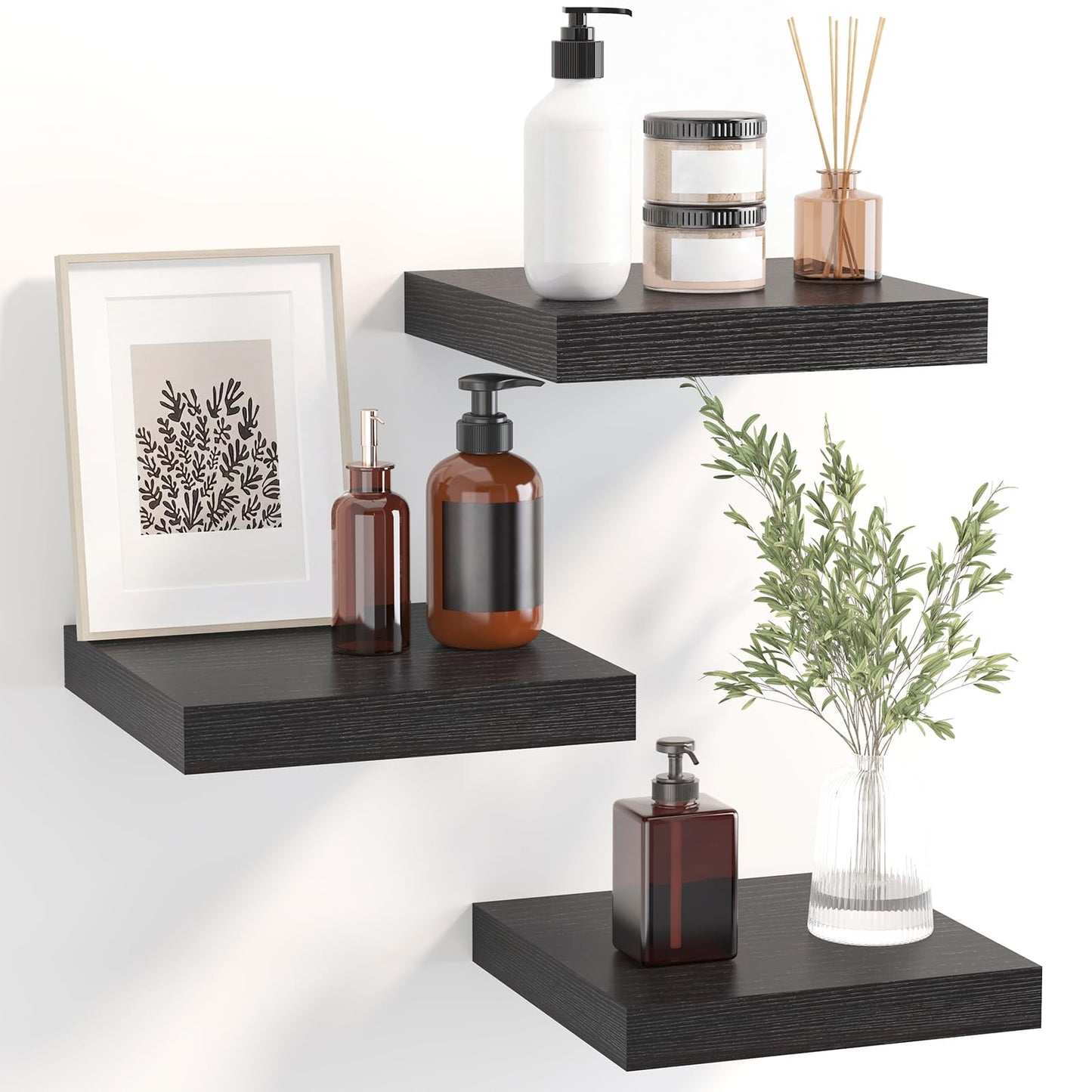 Fixwal Floating Shelves for Wall, 8 Inch Small Black Shelves Wall Mounted Shelf for Bathroom, Living Room, Bedroom, Kitchen Decor (Set of 3, 8x8)