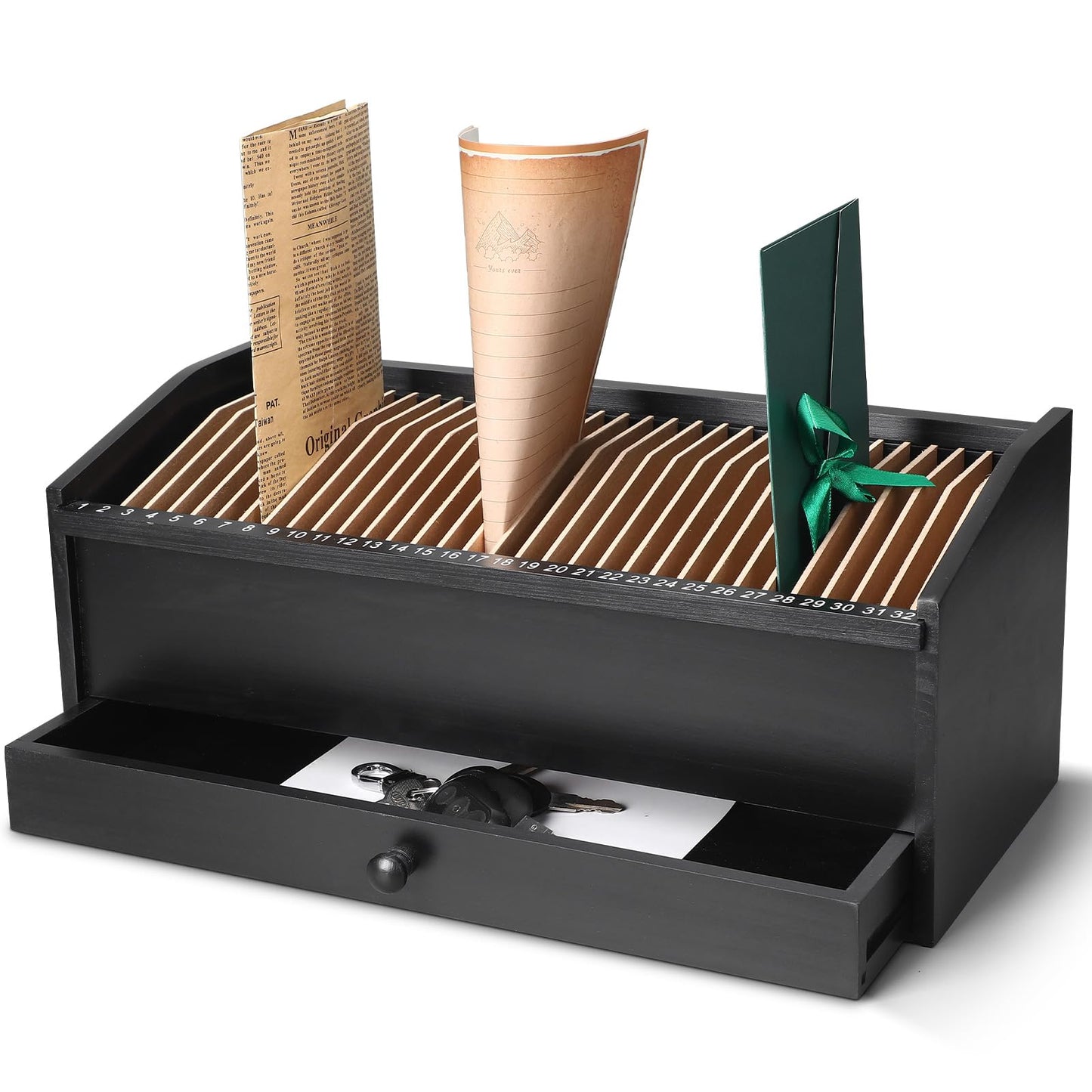 Teecyhooo Wood Desktop Organizer with Drawer, 17 Inch 32 Section Bill & Mail & File Organizer Storage for Office Desk, Desktop Mail Holder and Office Supplies Storage, Letter and Paper Sorter(Black)