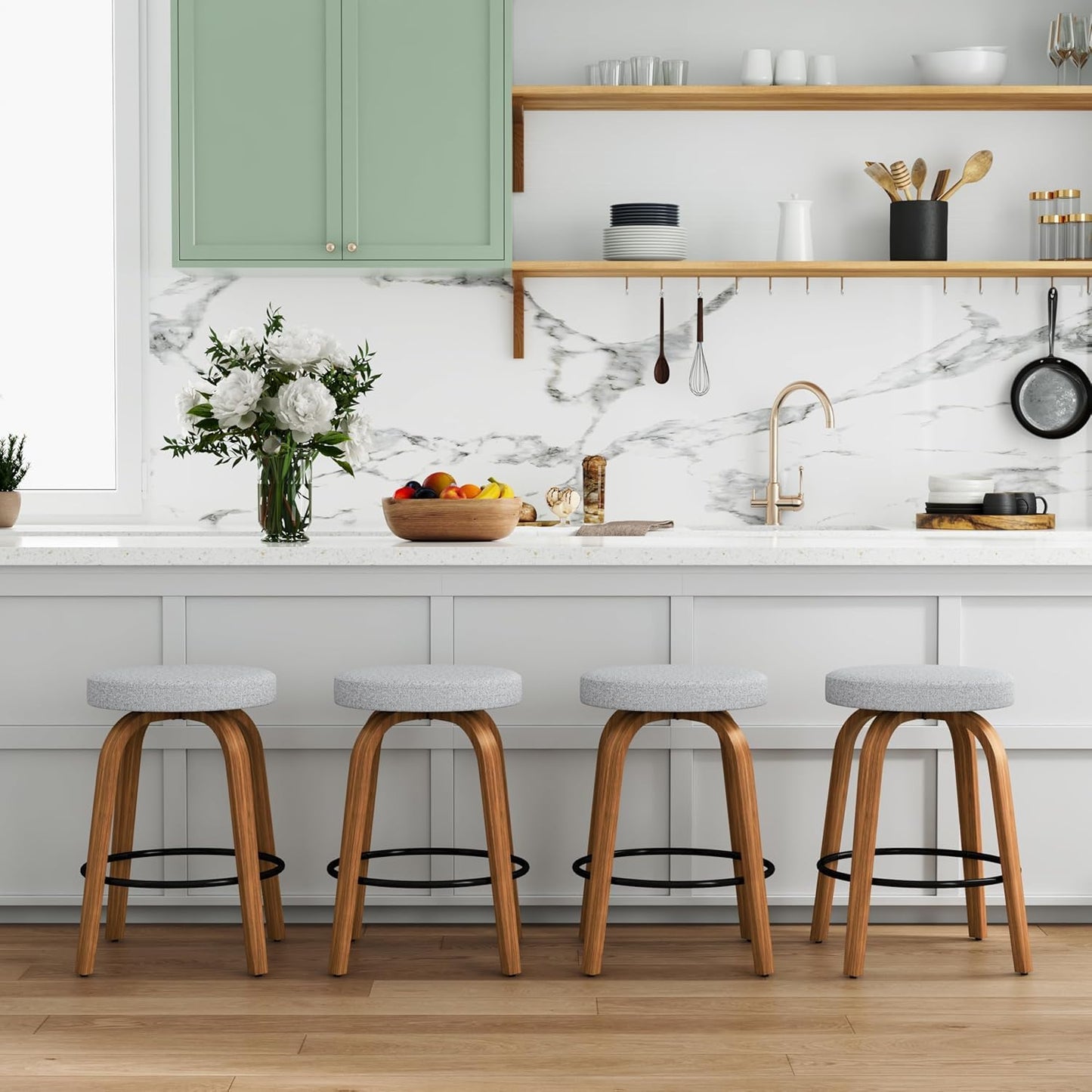 Set of 2 Swivel Bar Stools, 26'' Counter Height Backless Stools with Fabric Upholstered Seats and Sturdy Curved Wood Legs, Mid-Century Modern Design (Grey, 26 inch)