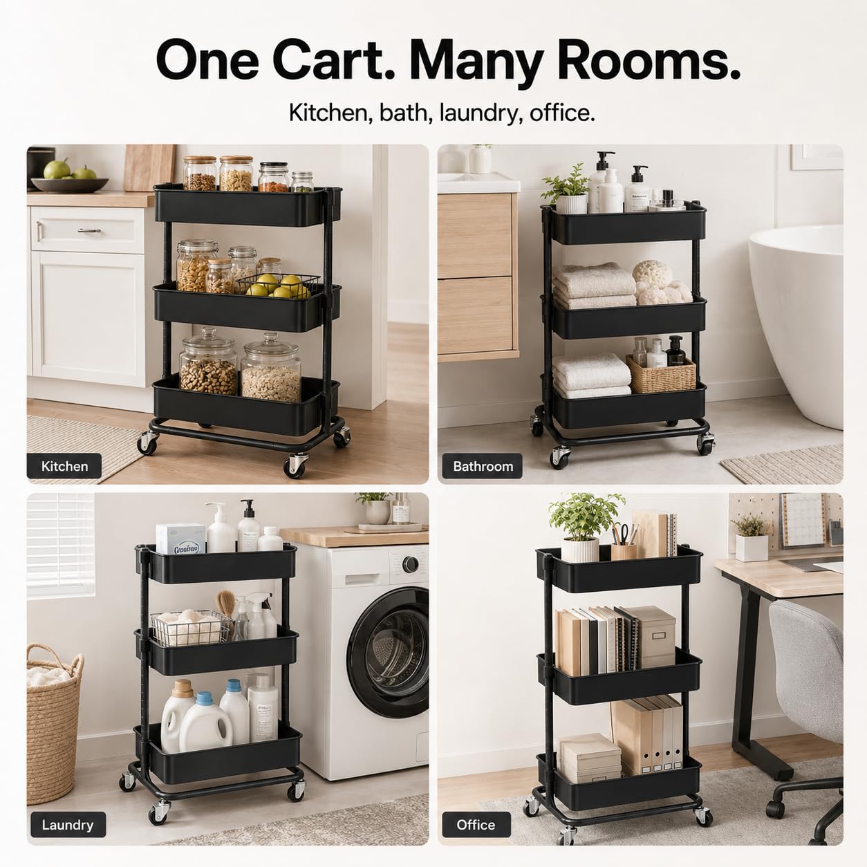 3 Tier Utility Rolling Cart, Heavy Duty Metal Rolling Cart with Wheels, Storage Organizer, Portable Mobile Shelving Unit for Office, Bathroom, Kitchen (Black)