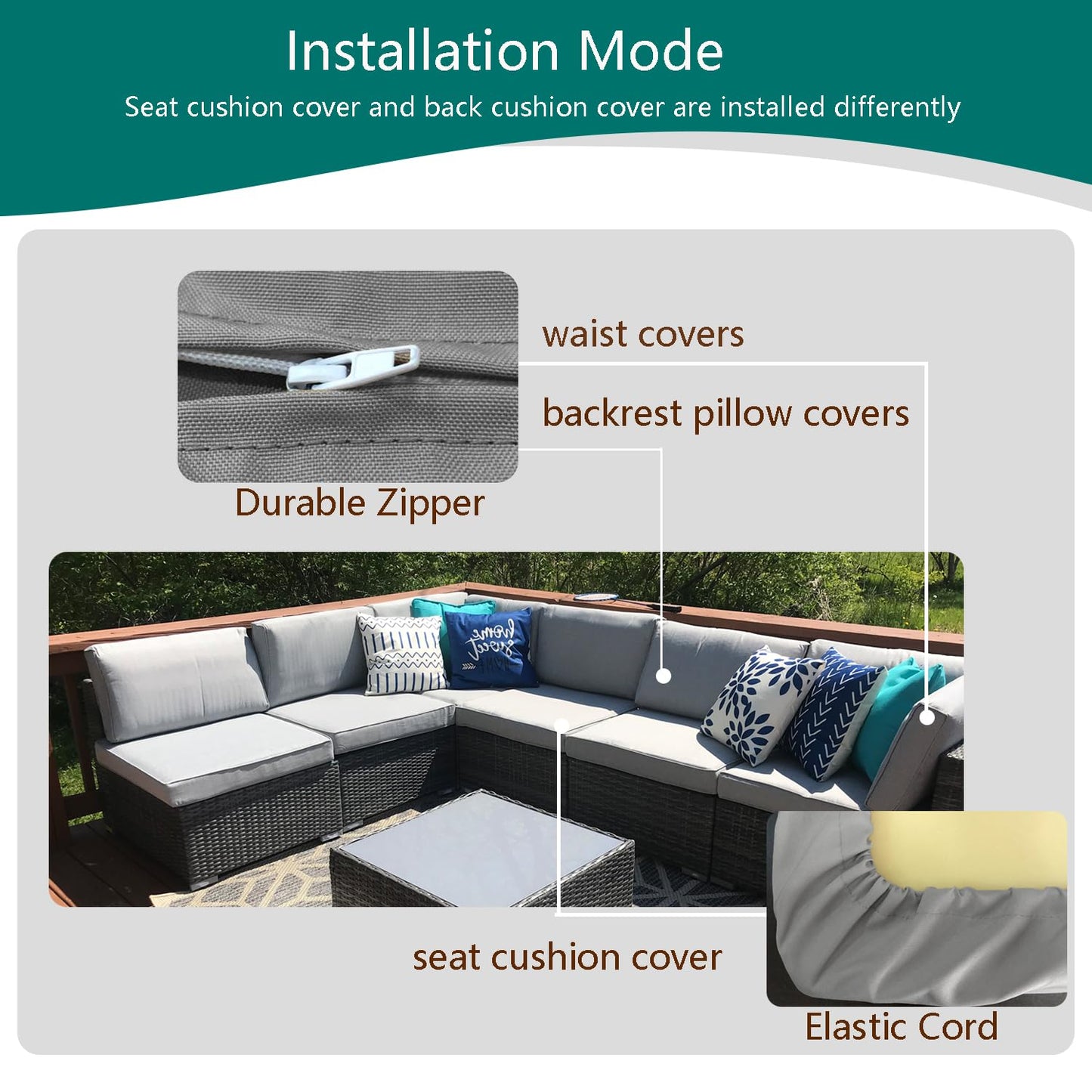 TECOSARA Outdoor Cushion Covers Replacement 14 Pcs Patio Cushion Covers fit for 7Pieces 6-Seater Wicker Rattan Sectional Couch Sofa Outdoor Cushion Slipcovers Set Seat and Back Cover Only, Grey