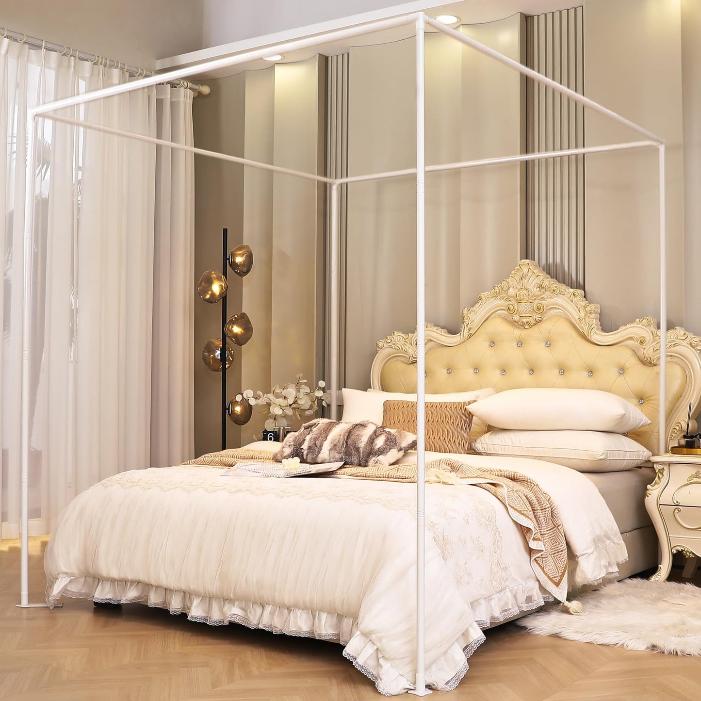 AIKASY Full Size Canopy Bed Frame with Outer Support, Thickened Metal Poles & Four Corner Brackets, Compatible with Metal/Wood Base for Bedroom Decor (White)